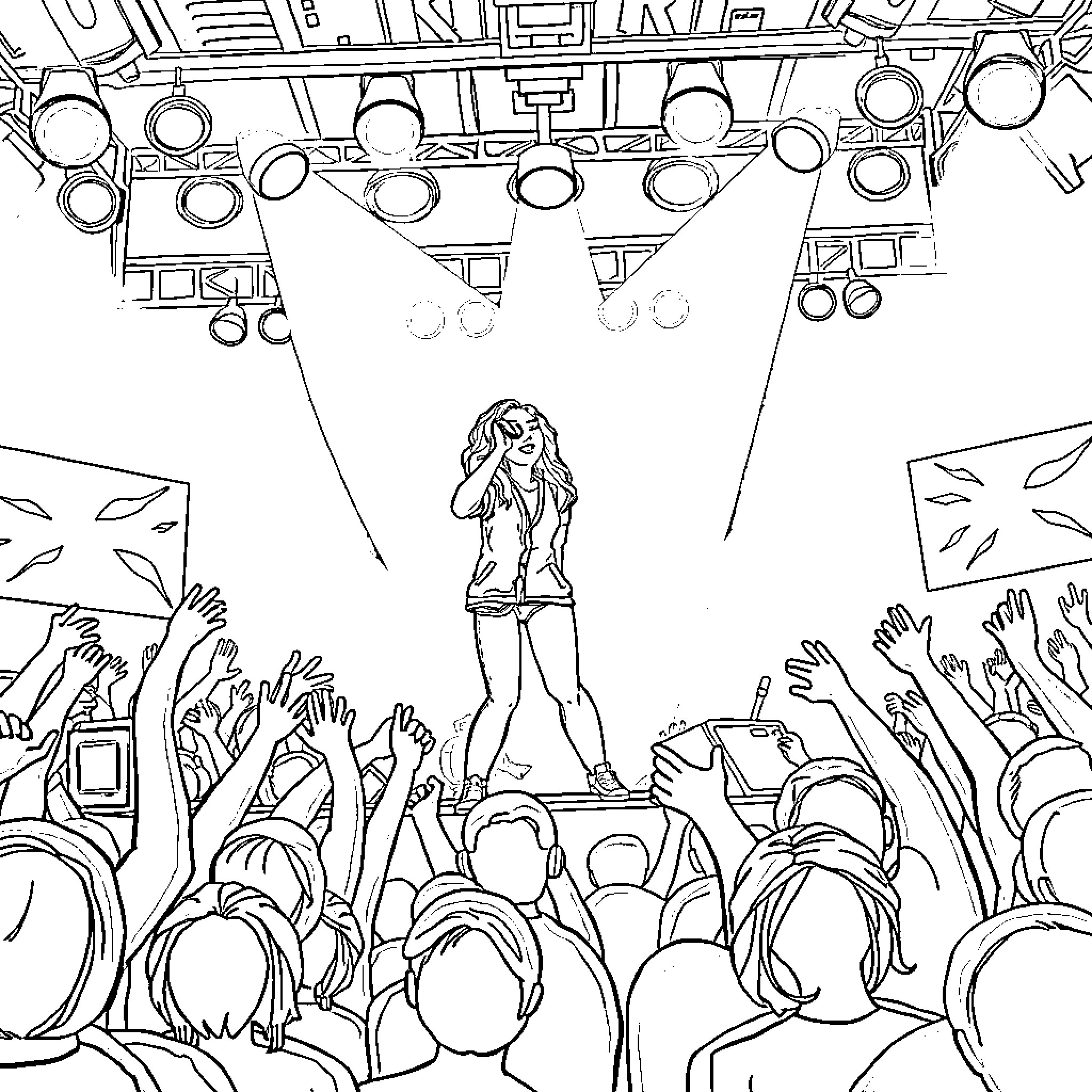 Huntrix Performer on Stage with Crowd Coloring Page (free black-and-white line drawing printable PDF for all, from beginners to advanced learners, including children, teens, adults, and seniors)