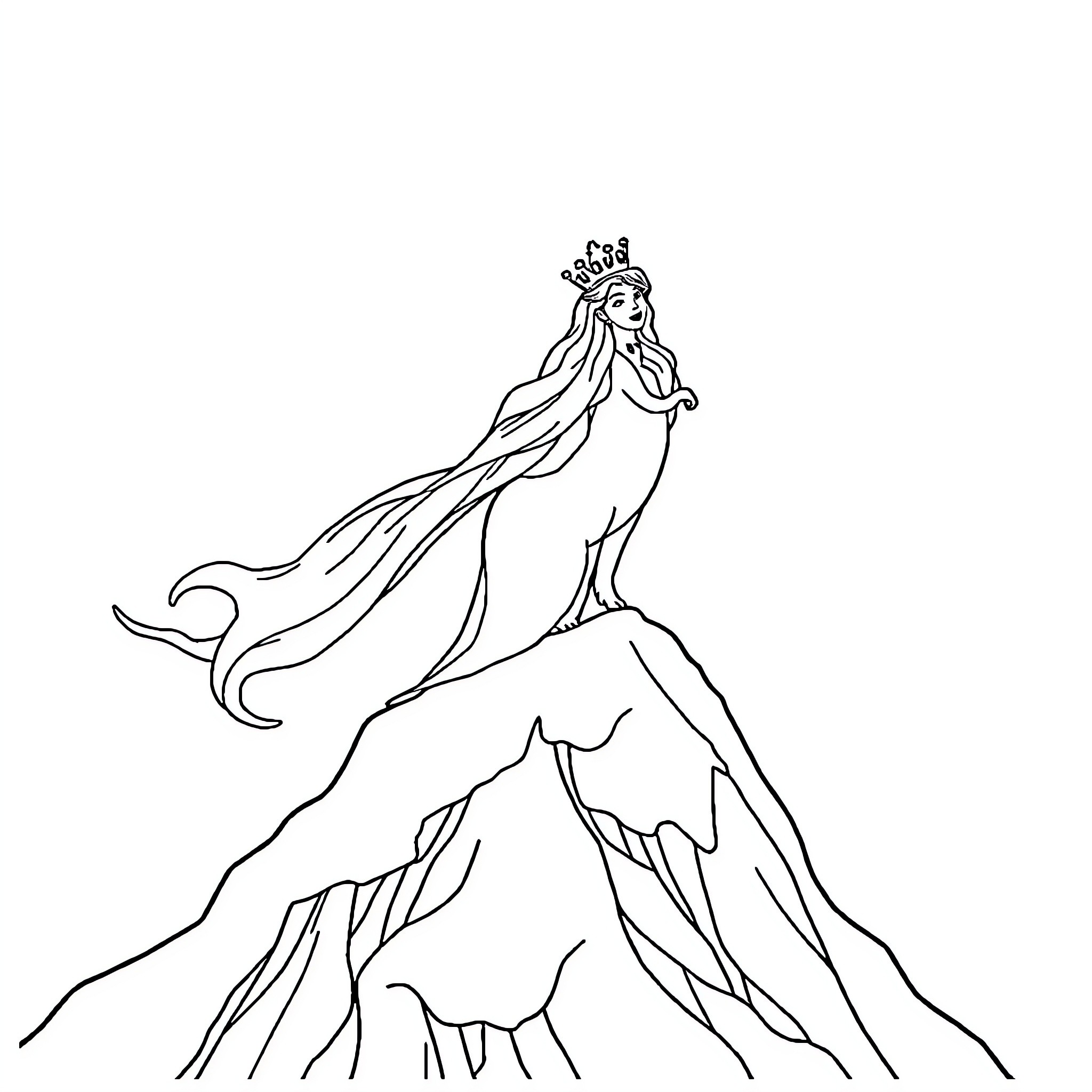 Queen standing atop a majestic mountain Coloring Page (free black-and-white line drawing printable PDF for all, from beginners to advanced learners, including children, teens, adults, and seniors)