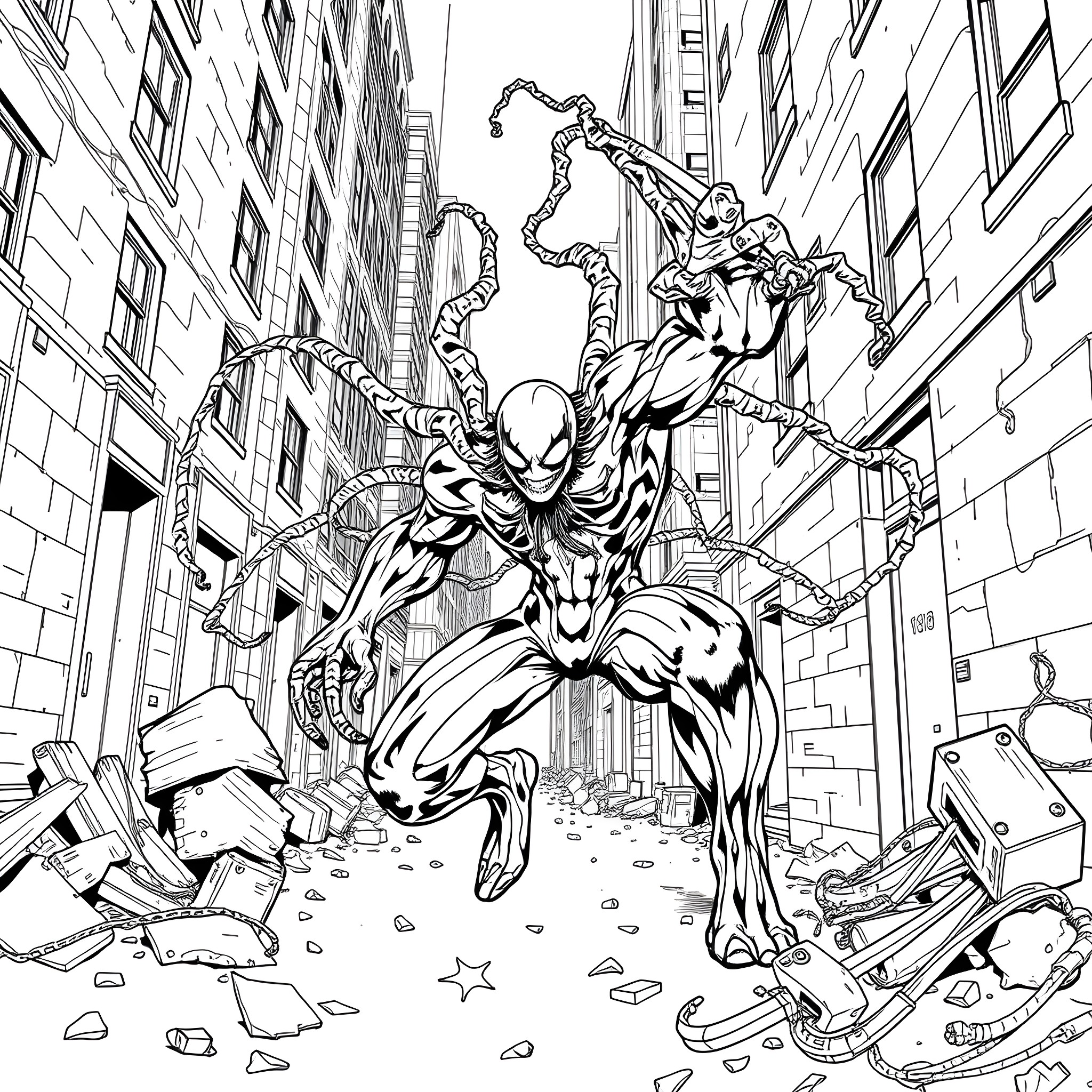 Carnage of a Heroic Encounter in the City Streets Coloring Page (free black-and-white line drawing printable PDF for all, from beginners to advanced learners, including children, teens, adults, and seniors)