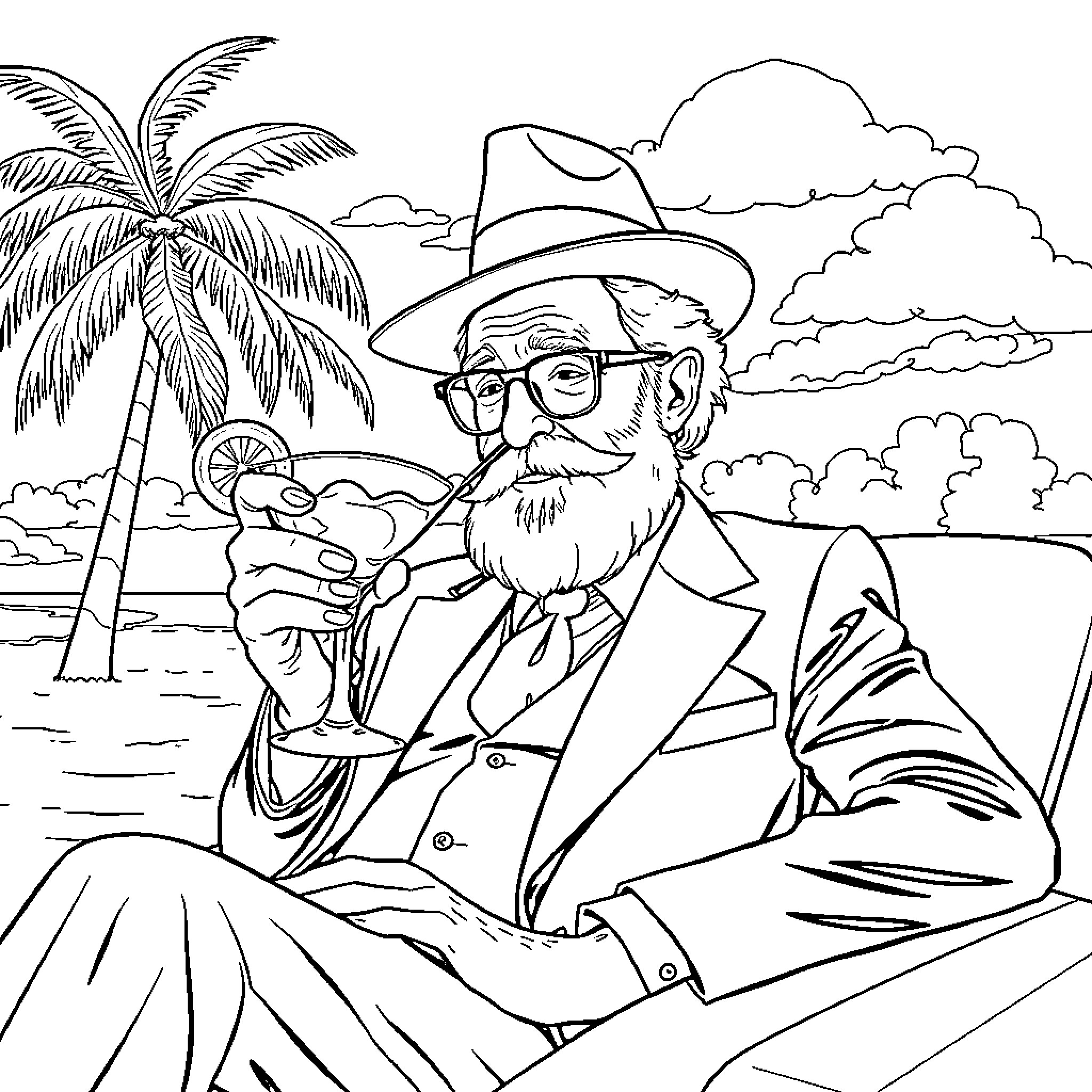 Freud relaxing on a tropical beach Coloring Page (free black-and-white line drawing printable PDF for all, from beginners to advanced learners, including children, teens, adults, and seniors)