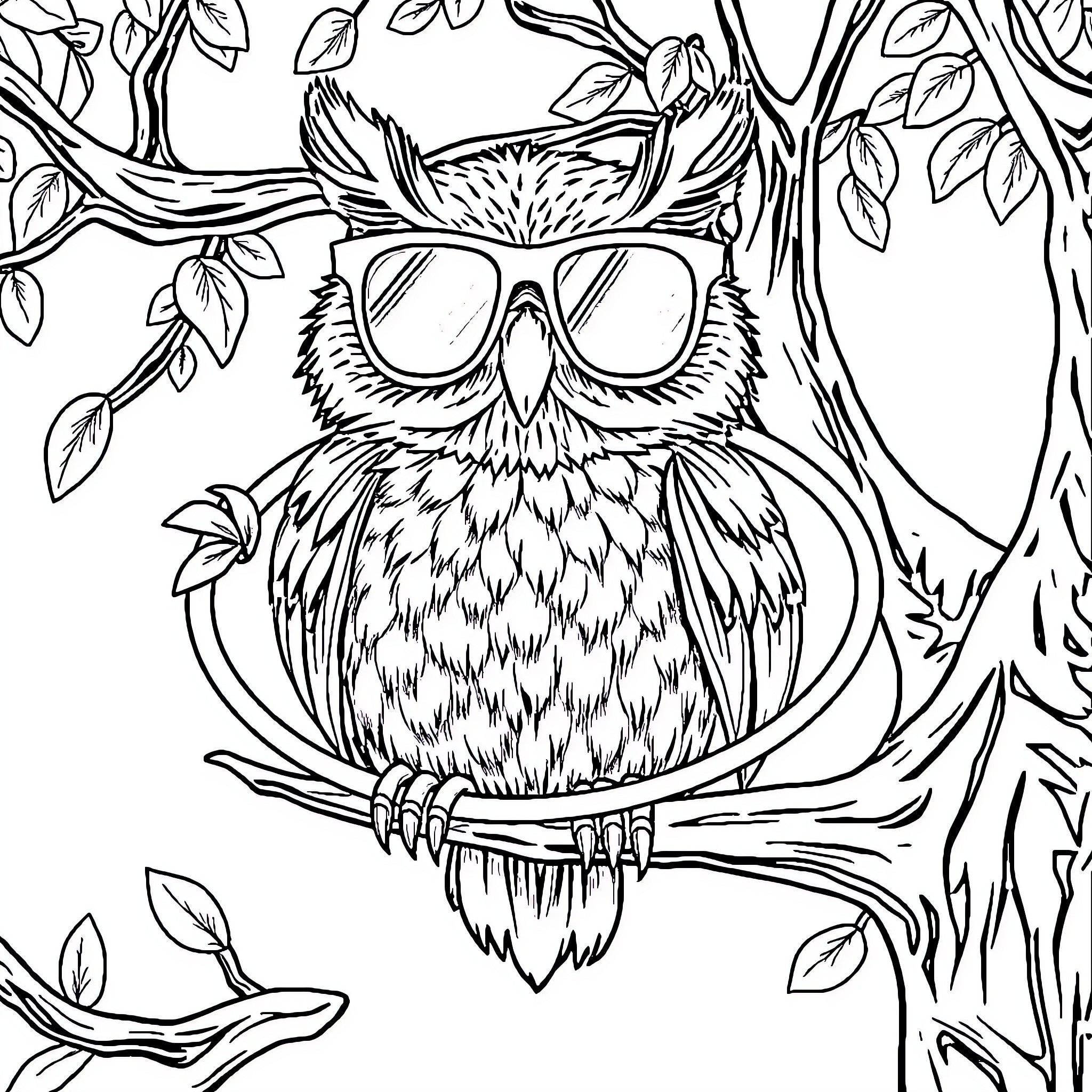 Owl with Sunglasses Perched on a Tree Branch Coloring Page (free black-and-white line drawing printable PDF for all, from beginners to advanced learners, including children, teens, adults, and seniors)