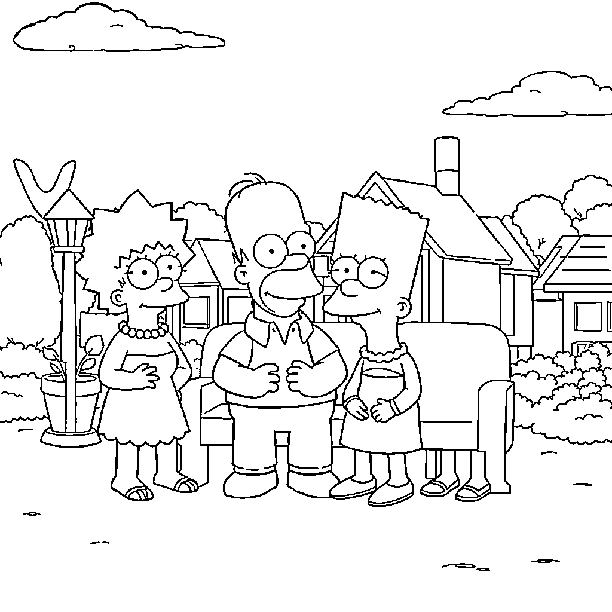 The Simpsons family enjoying a day outdoors Coloring Page (free black-and-white line drawing printable PDF for all, from beginners to advanced learners, including children, teens, adults, and seniors)