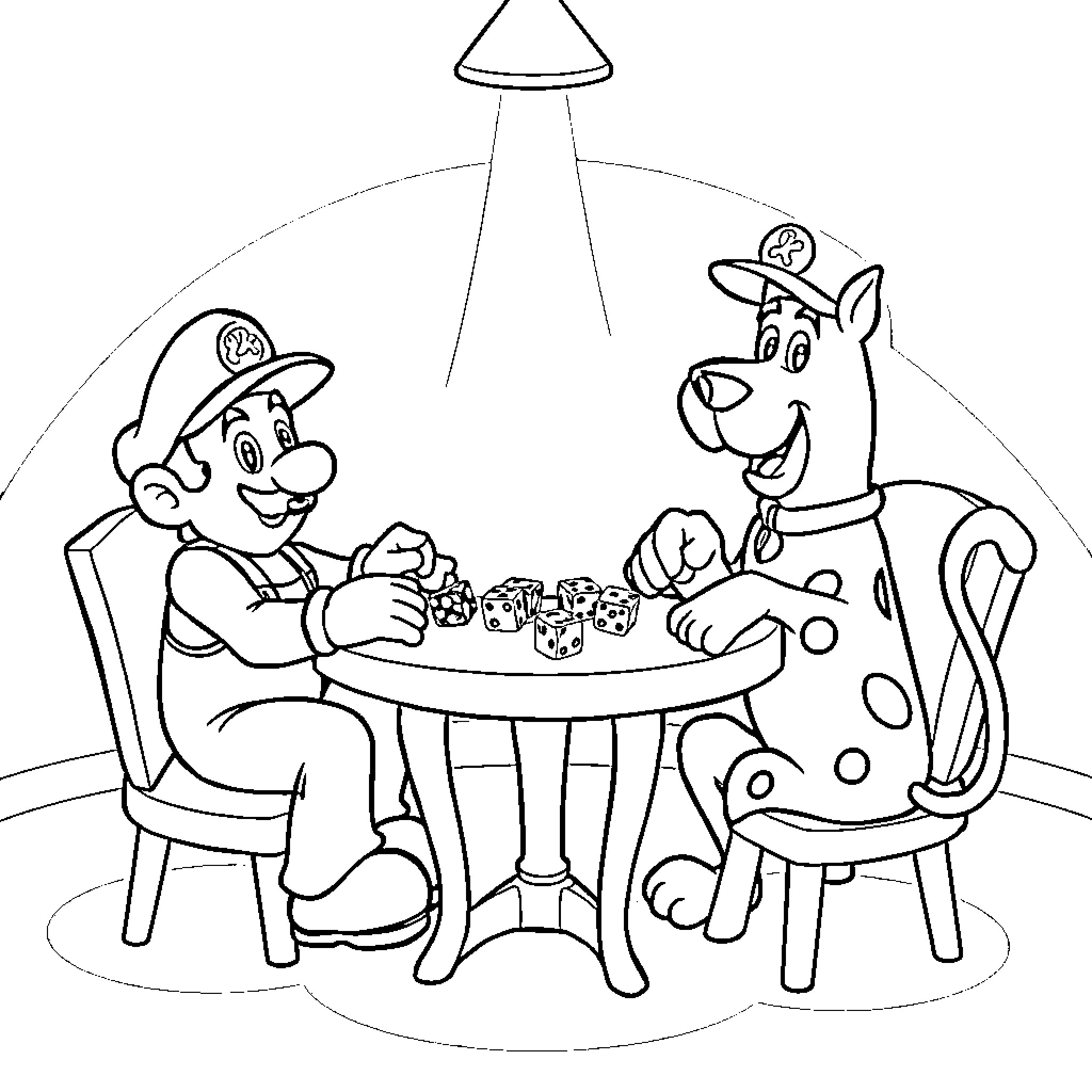 Mario and Dog Playing Dice Game Together Coloring Page (free black-and-white line drawing printable PDF for all, from beginners to advanced learners, including children, teens, adults, and seniors)