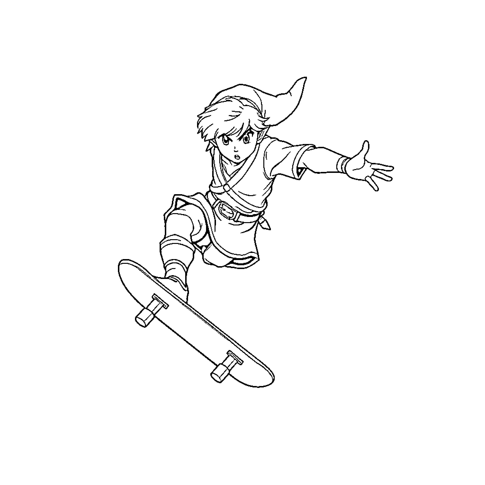 Link riding a skateboard with enthusiasm Coloring Page (free black-and-white line drawing printable PDF for all, from beginners to advanced learners, including children, teens, adults, and seniors)