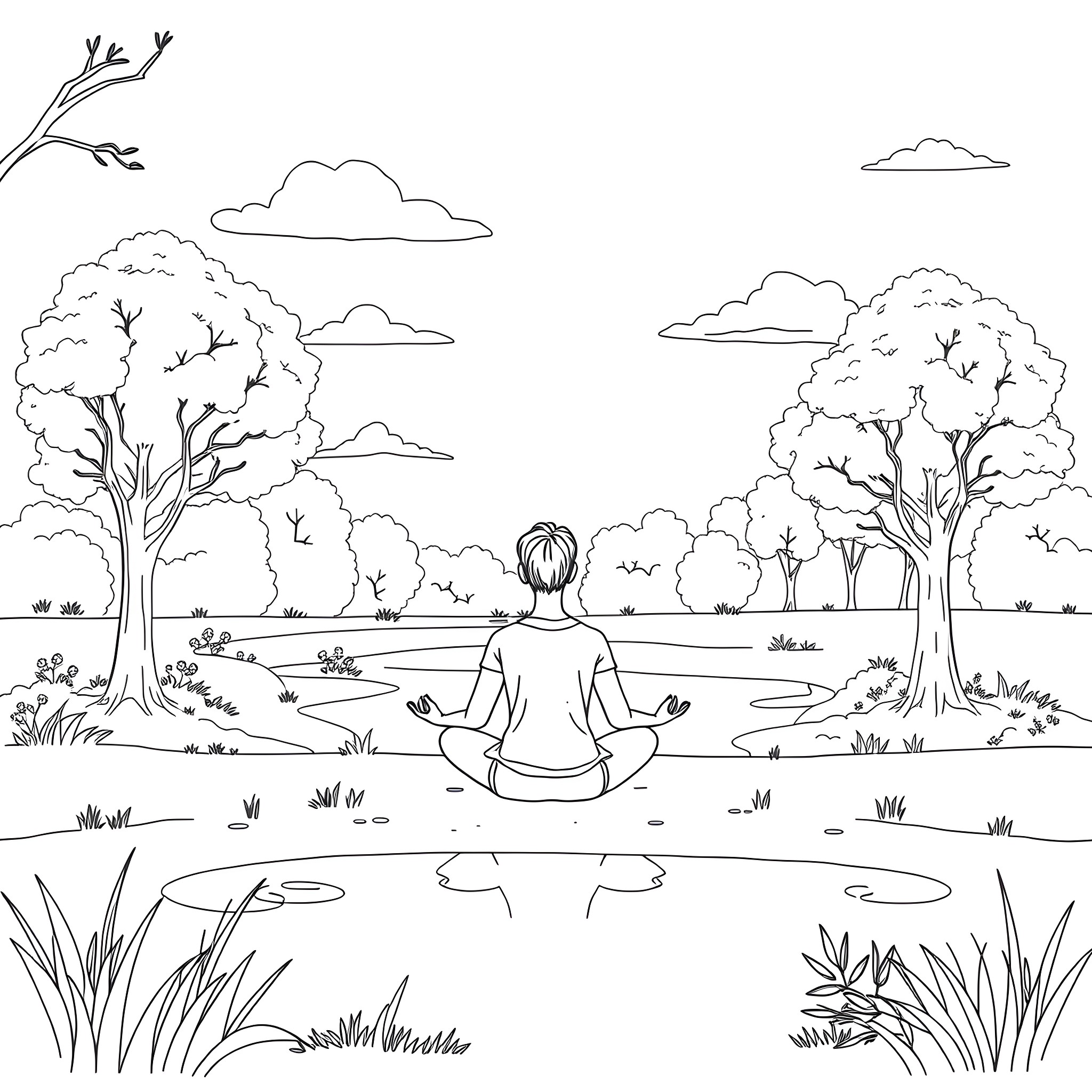 Mental Health Meditation in Serene Nature Coloring Page (free black-and-white line drawing printable PDF for all, from beginners to advanced learners, including children, teens, adults, and seniors)