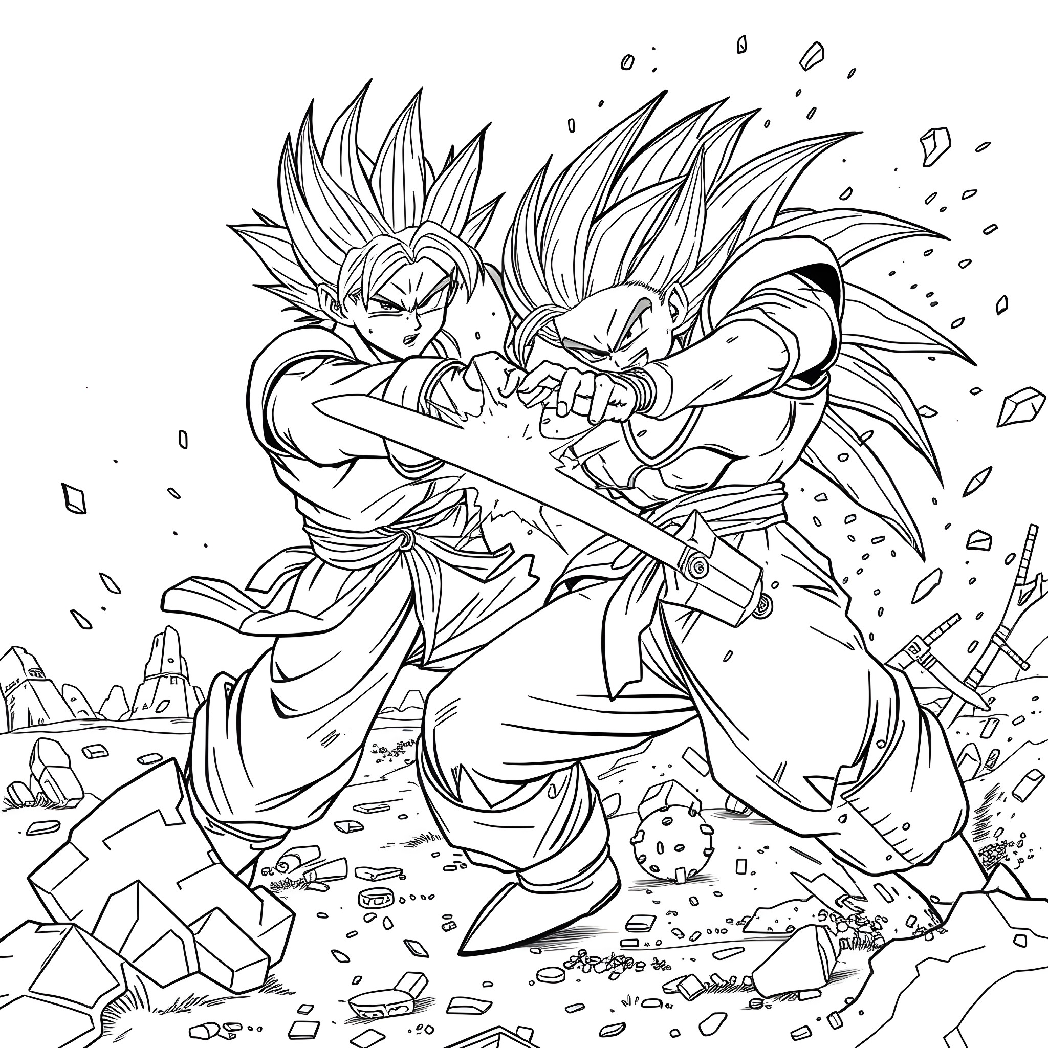 Trunks engaging in intense combat with sword Coloring Page (free black-and-white line drawing printable PDF for all, from beginners to advanced learners, including children, teens, adults, and seniors)