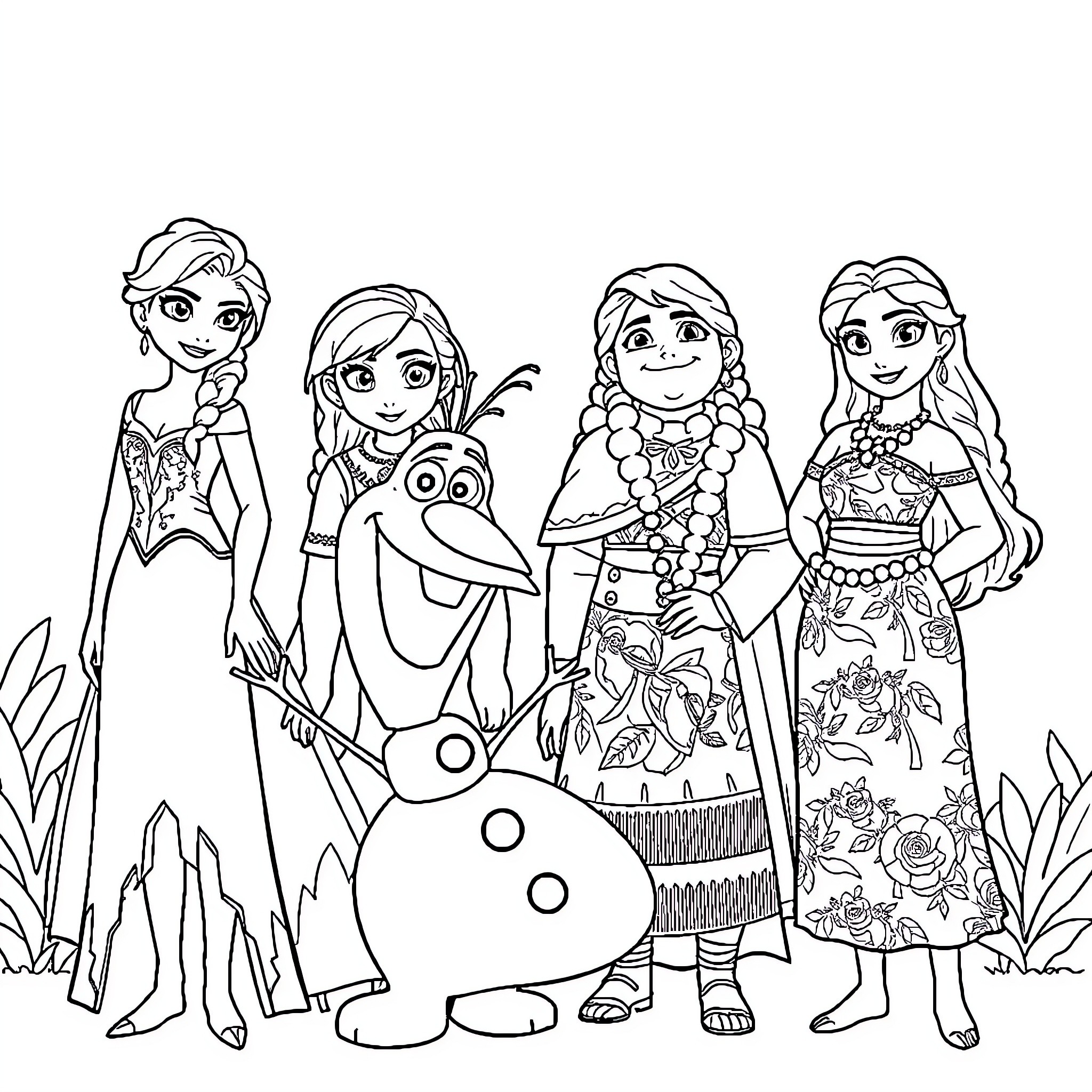 Elsa and friends in a magical adventure Coloring Page (free black-and-white line drawing printable PDF for all, from beginners to advanced learners, including children, teens, adults, and seniors)