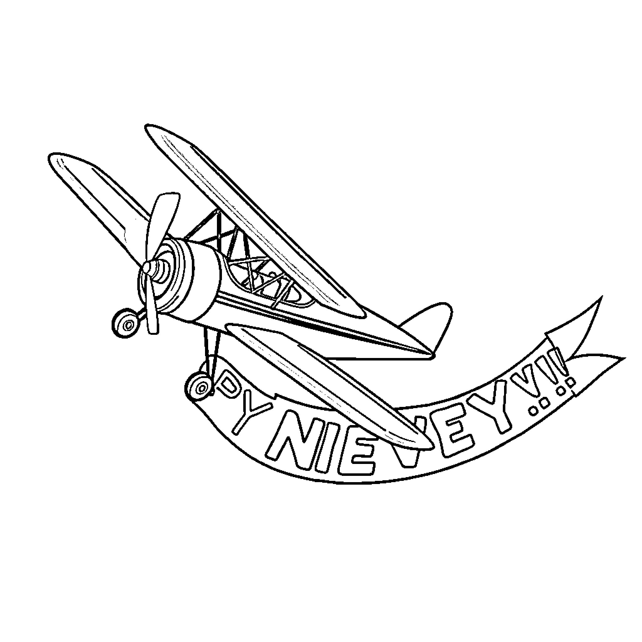 Airplane with Whimsical Text and Design Coloring Page (free black-and-white line drawing printable PDF for all, from beginners to advanced learners, including children, teens, adults, and seniors)