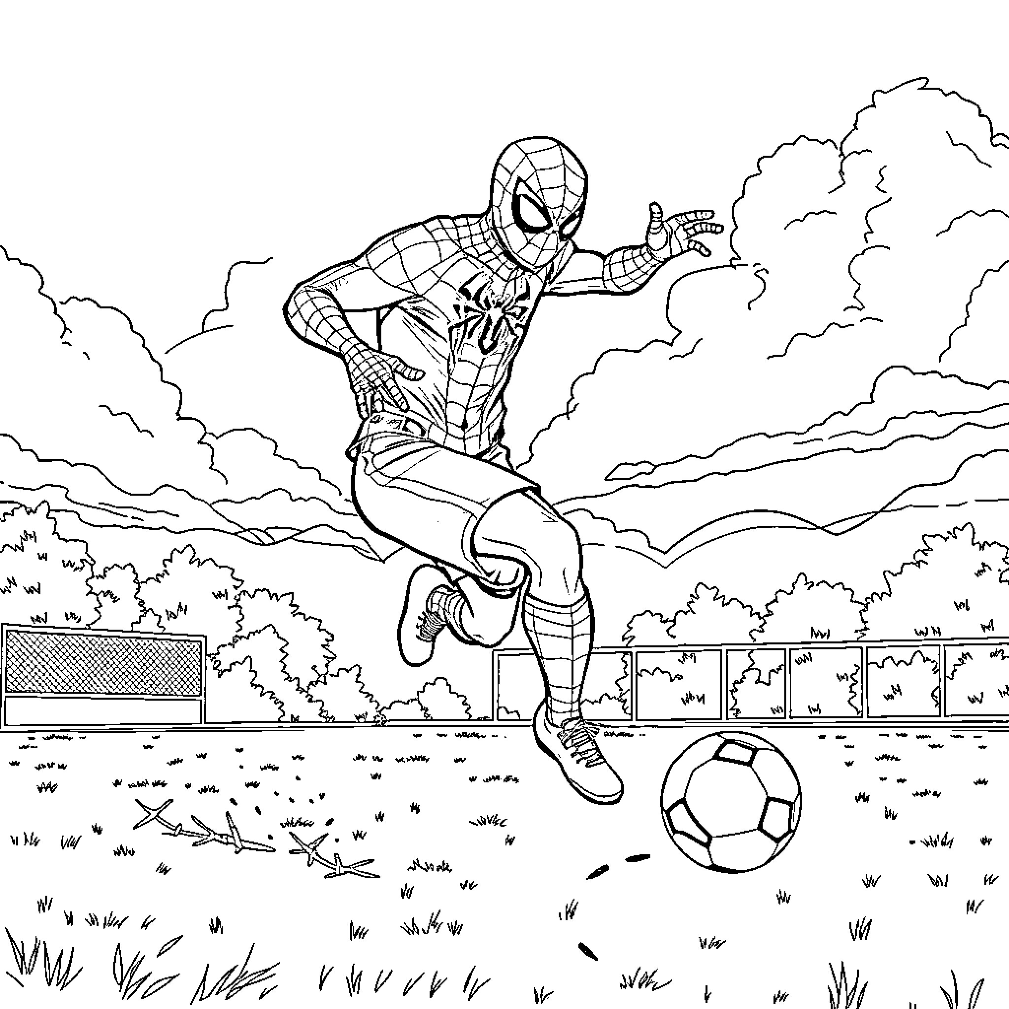 Futbolista swinging into action on the field Coloring Page (free black-and-white line drawing printable PDF for all, from beginners to advanced learners, including children, teens, adults, and seniors)