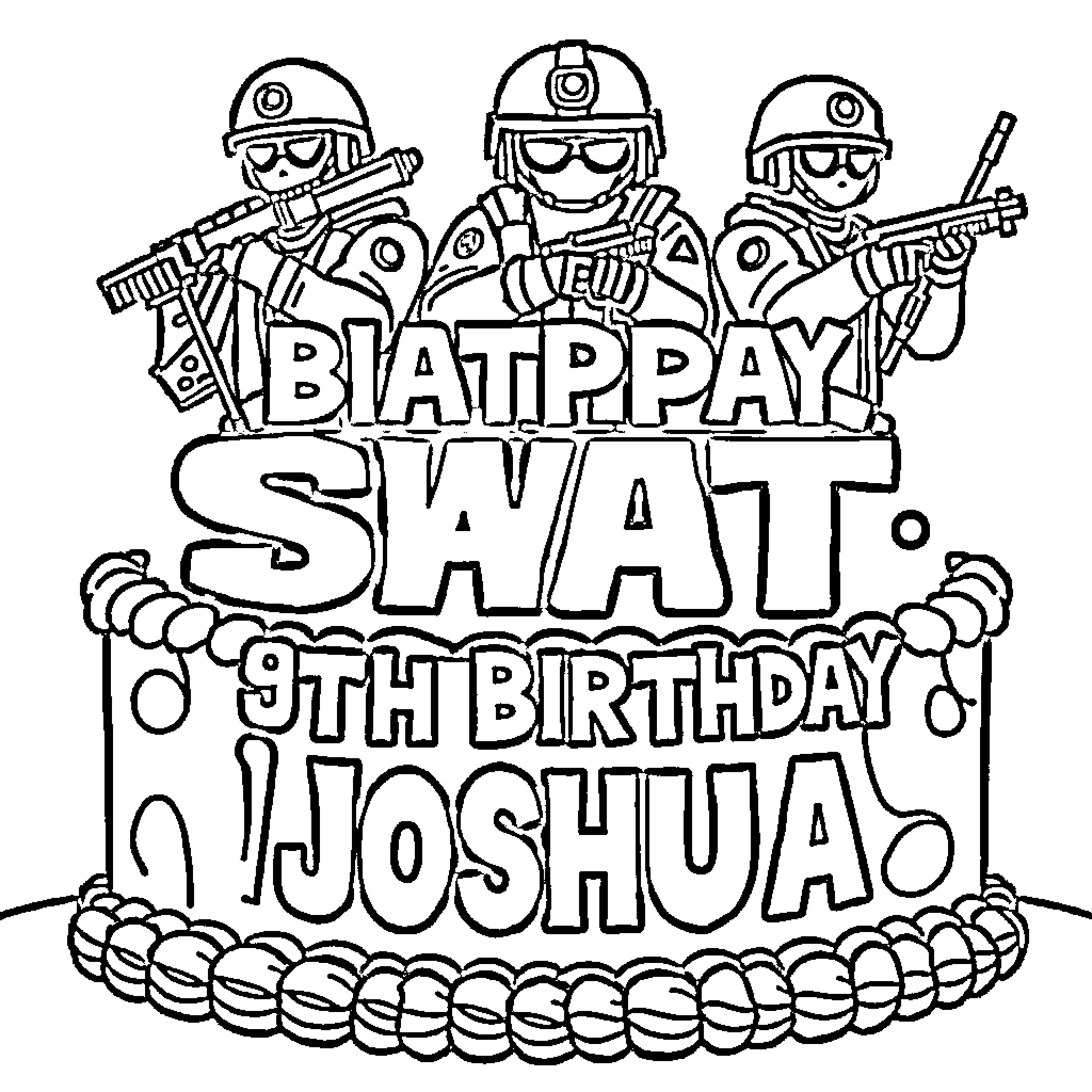 Cake Topper with SWAT Team Members Coloring Page (free black-and-white line drawing printable PDF for all, from beginners to advanced learners, including children, teens, adults, and seniors)