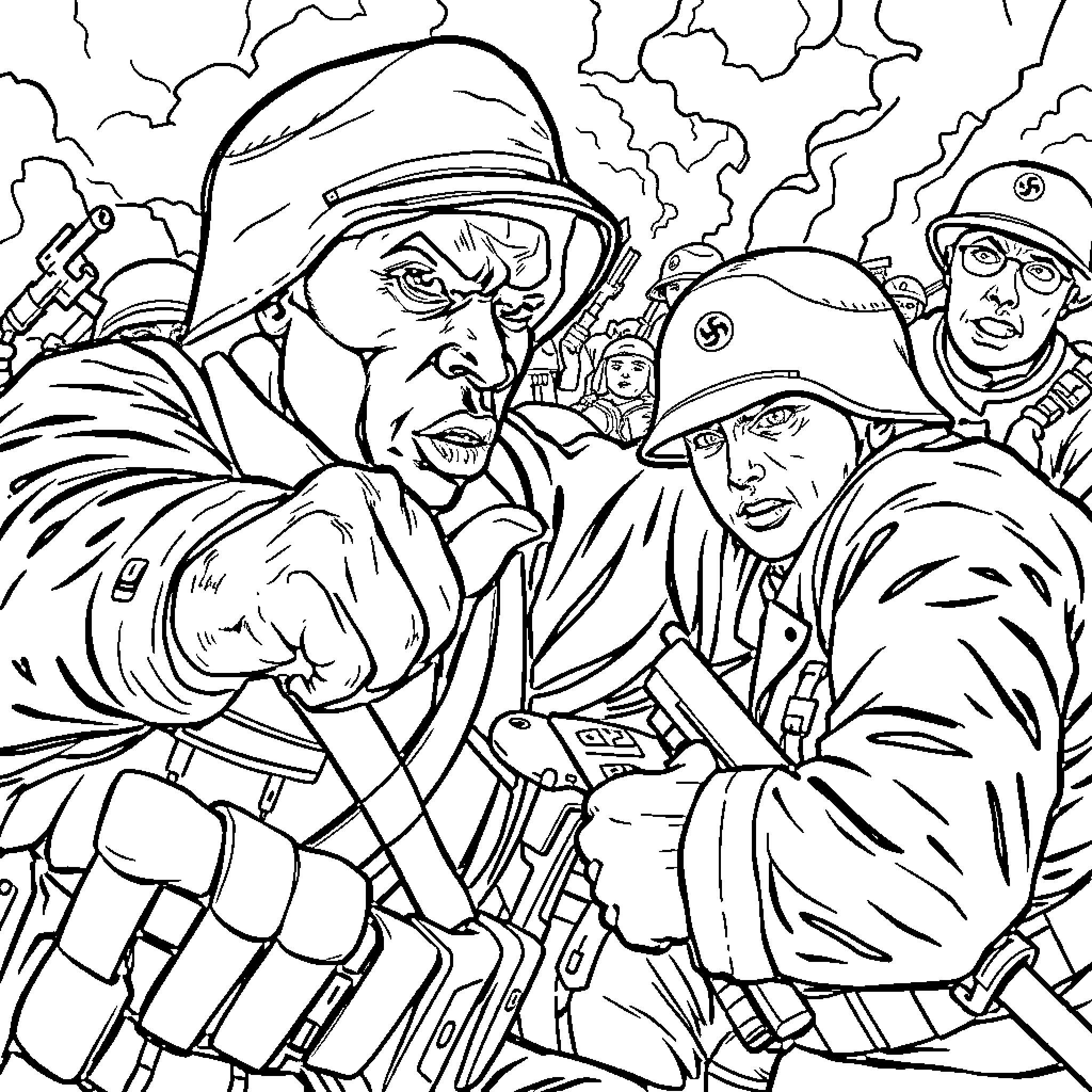 Soldier in action during intense battle scene Coloring Page (free black-and-white line drawing printable PDF for all, from beginners to advanced learners, including children, teens, adults, and seniors)