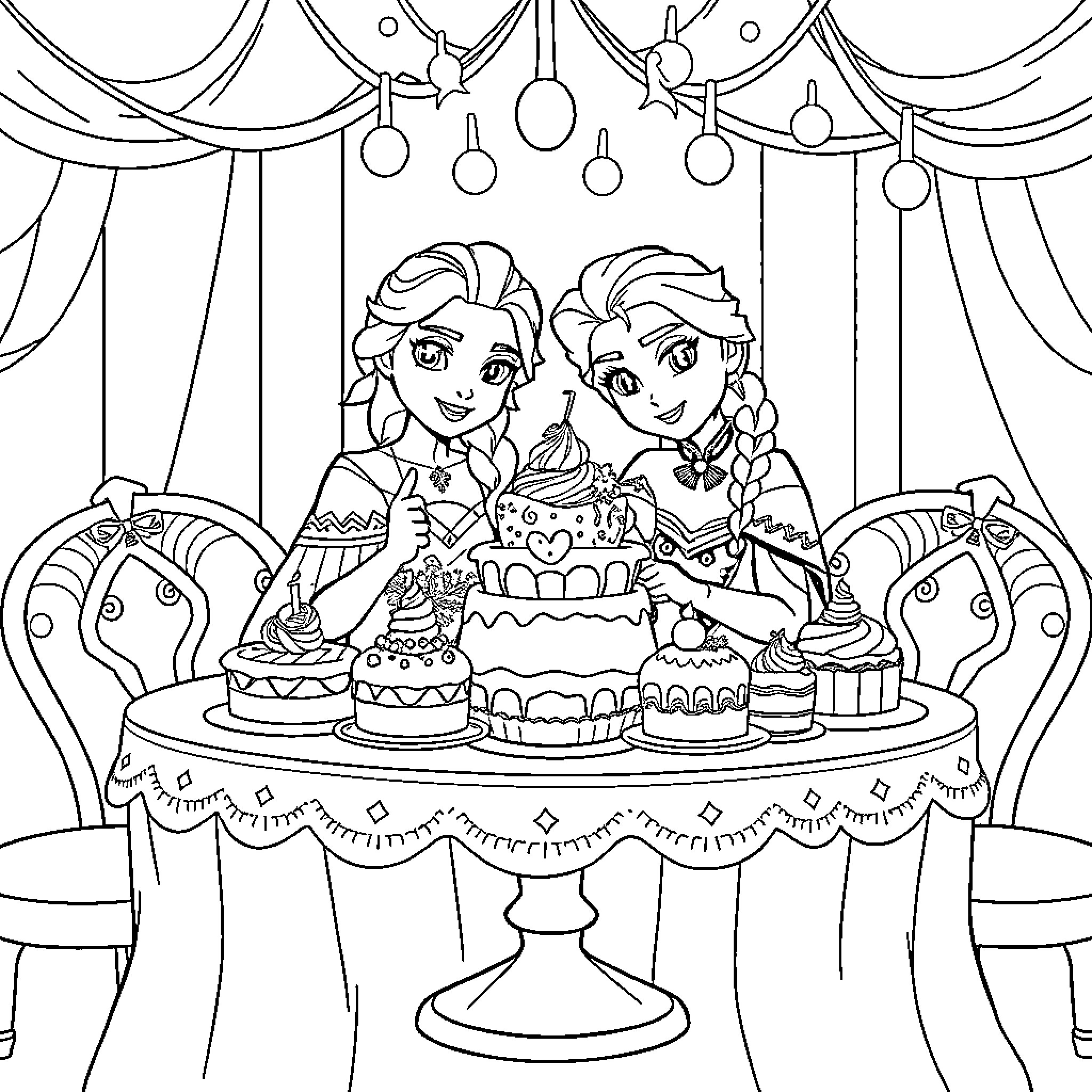 Frozen Sisters Celebrate with Festive Cakes Coloring Page (free black-and-white line drawing printable PDF for all, from beginners to advanced learners, including children, teens, adults, and seniors)