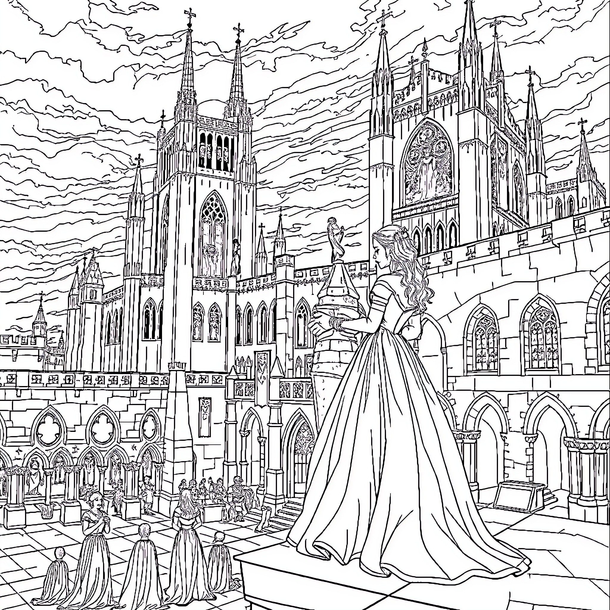 Princess in a grand cathedral scene Coloring Page (free black-and-white line drawing printable PDF for all, from beginners to advanced learners, including children, teens, adults, and seniors)