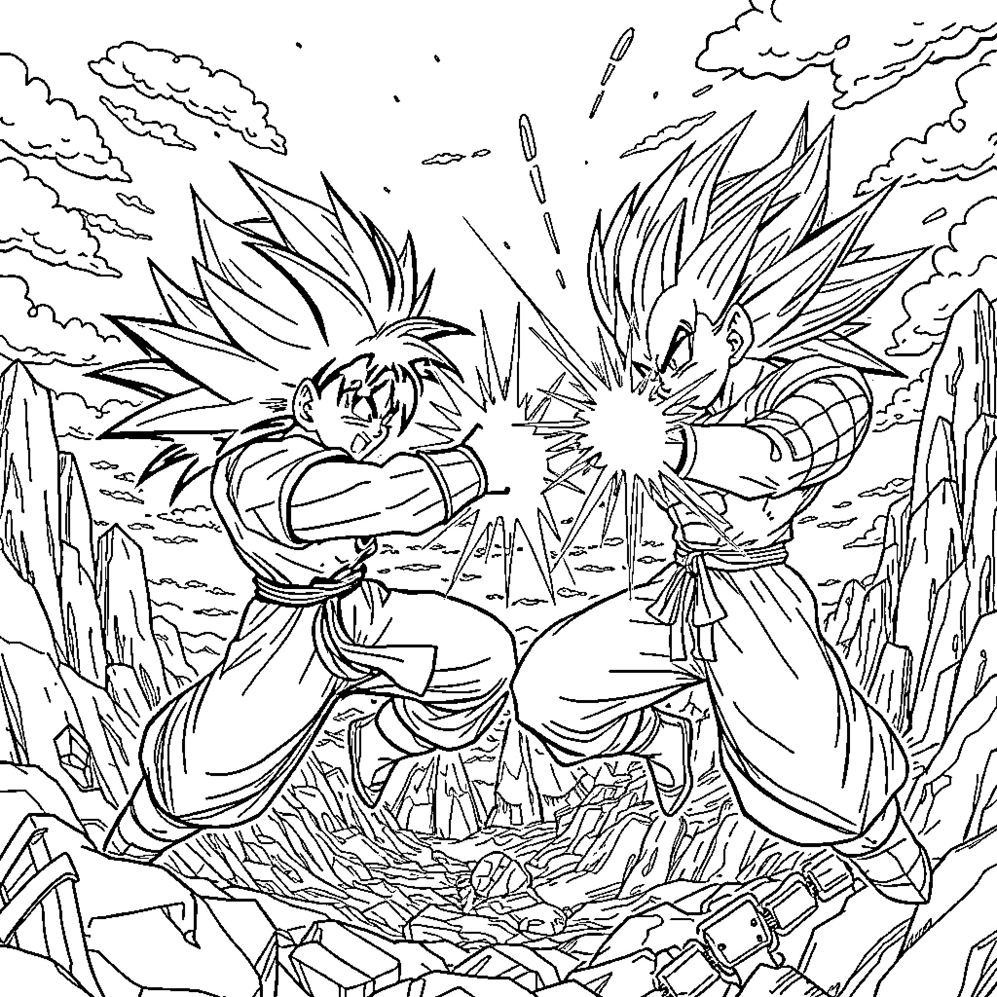 Goku's Intense Battle with Powerful Opponent Coloring Page (free black-and-white line drawing printable PDF for all, from beginners to advanced learners, including children, teens, adults, and seniors)