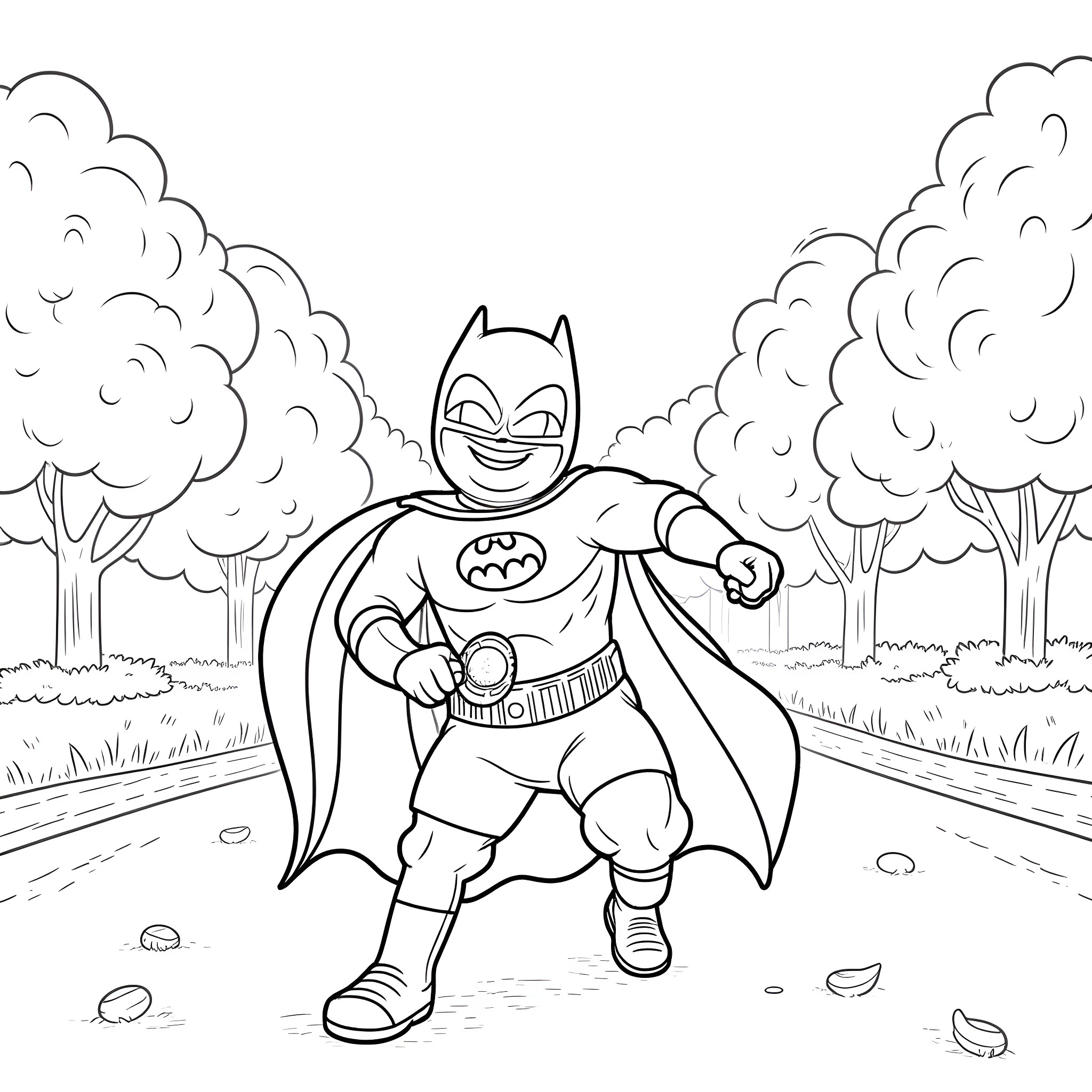 Batman running confidently through the forest Coloring Page (free black-and-white line drawing printable PDF for all, from beginners to advanced learners, including children, teens, adults, and seniors)