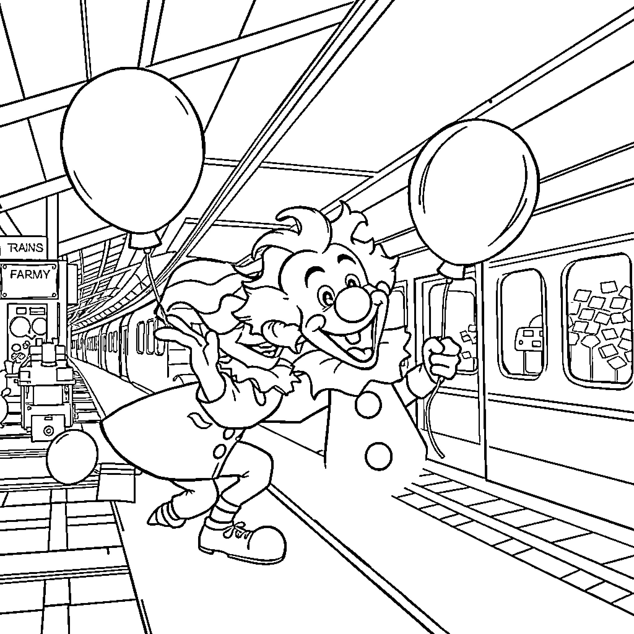 Clown dancing joyfully in a festive train station Coloring Page (free black-and-white line drawing printable PDF for all, from beginners to advanced learners, including children, teens, adults, and seniors)