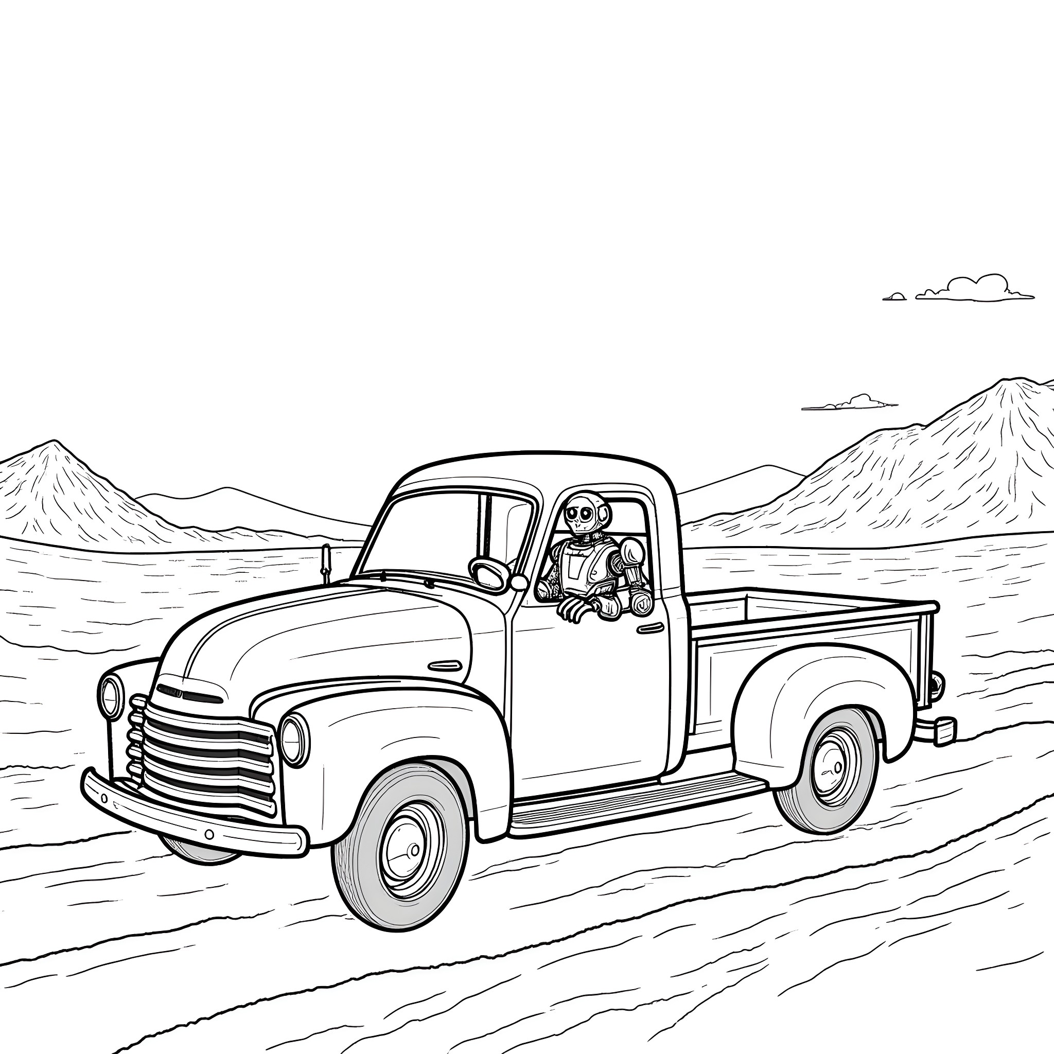Robot driving retro pickup truck in rugged landscape Coloring Page (free black-and-white line drawing printable PDF for all, from beginners to advanced learners, including children, teens, adults, and seniors)