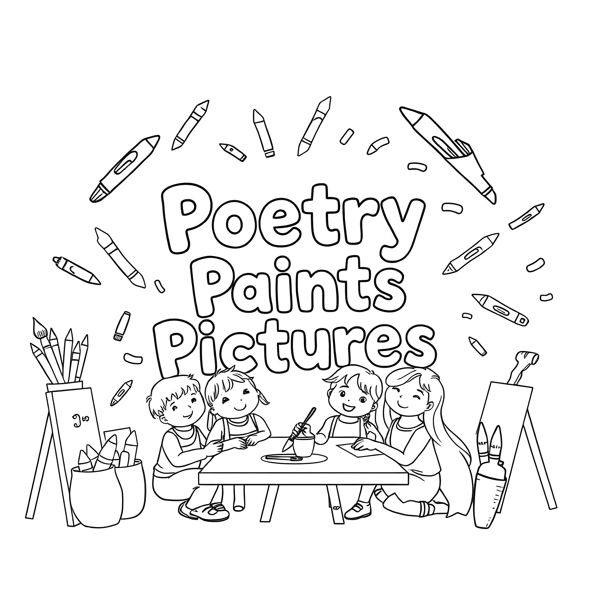 Text depicting children painting and drawing at a table Coloring Page (free black-and-white line drawing printable PDF for all, from beginners to advanced learners, including children, teens, adults, and seniors)