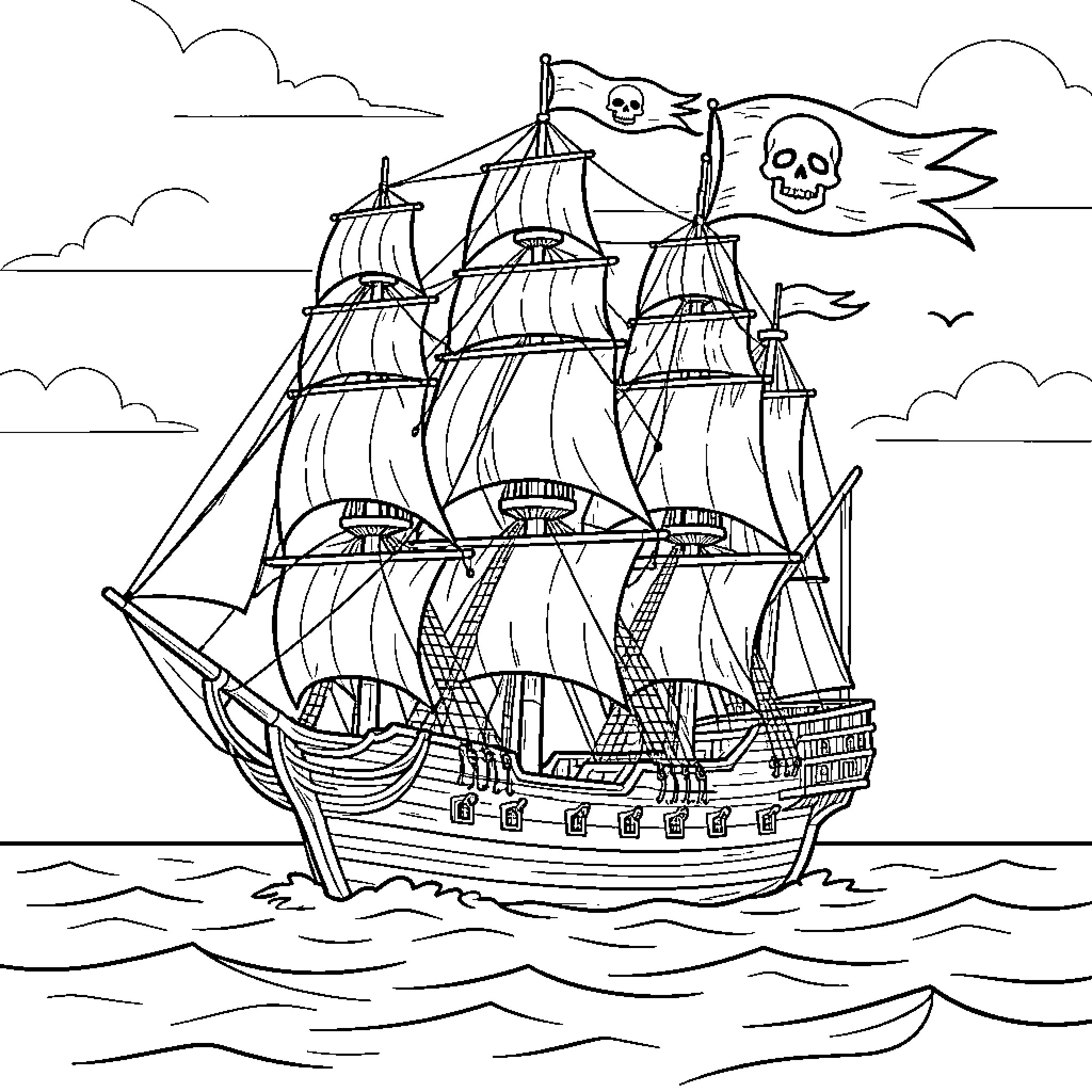 Pirate Ship sailing through wavy ocean waters Coloring Page (free black-and-white line drawing printable PDF for all, from beginners to advanced learners, including children, teens, adults, and seniors)