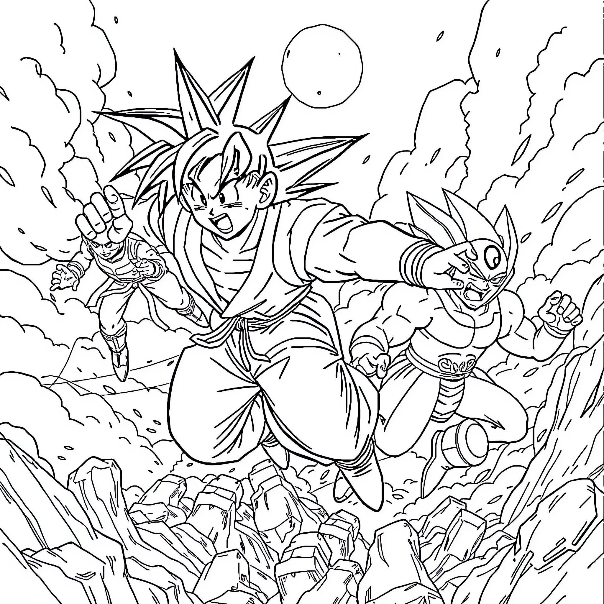 Dragon Ball Z: Intense Battle of Iconic Heroes Coloring Page (free black-and-white line drawing printable PDF for all, from beginners to advanced learners, including children, teens, adults, and seniors)