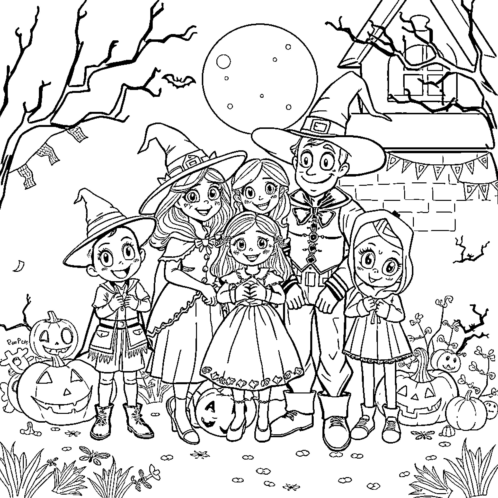 Bluey's Magical Halloween Celebration Coloring Page (free black-and-white line drawing printable PDF for all, from beginners to advanced learners, including children, teens, adults, and seniors)