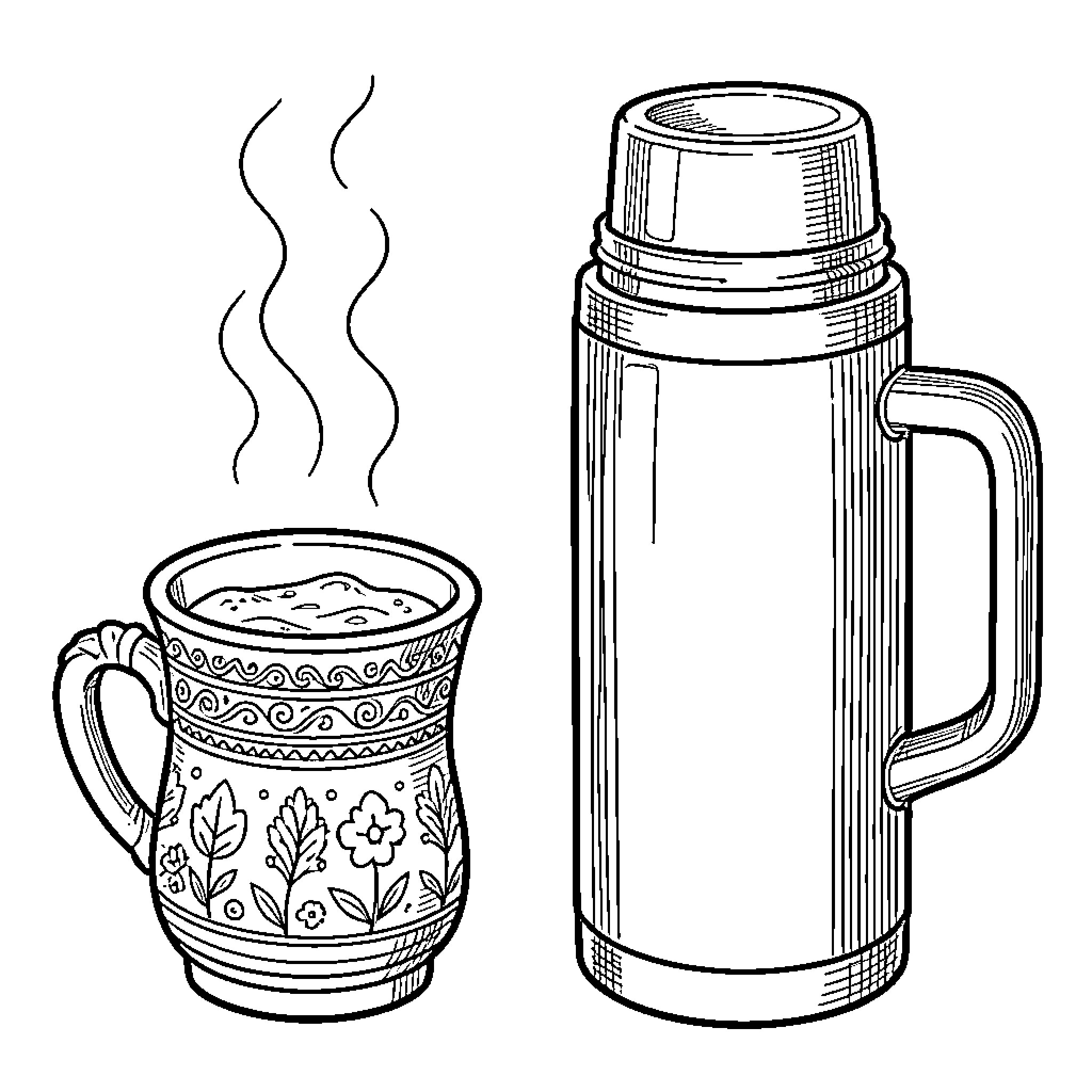 Mate warming drink in cozy mug Coloring Page (free black-and-white line drawing printable PDF for all, from beginners to advanced learners, including children, teens, adults, and seniors)