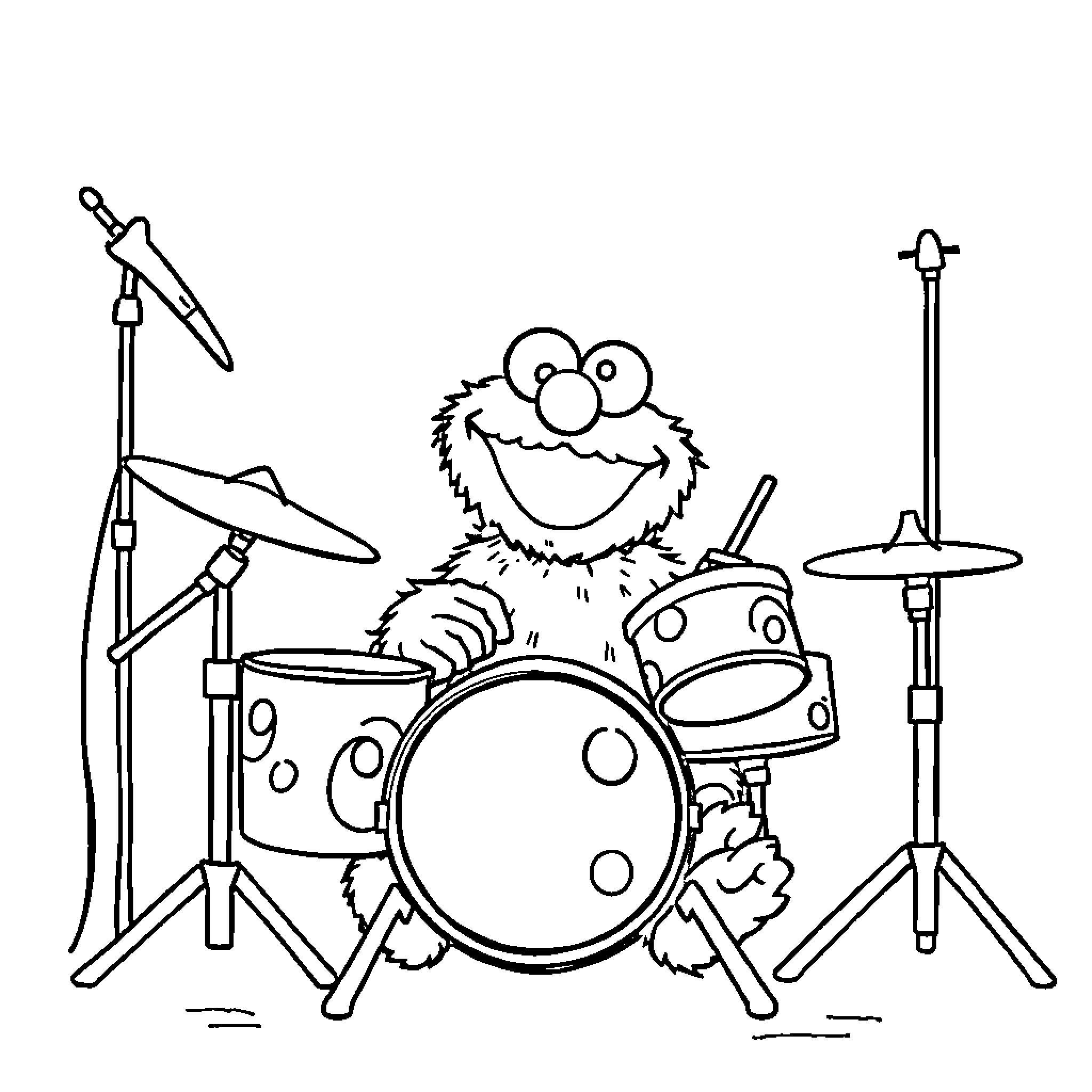 Cookie Monster playing drums with excitement Coloring Page (free black-and-white line drawing printable PDF for all, from beginners to advanced learners, including children, teens, adults, and seniors)