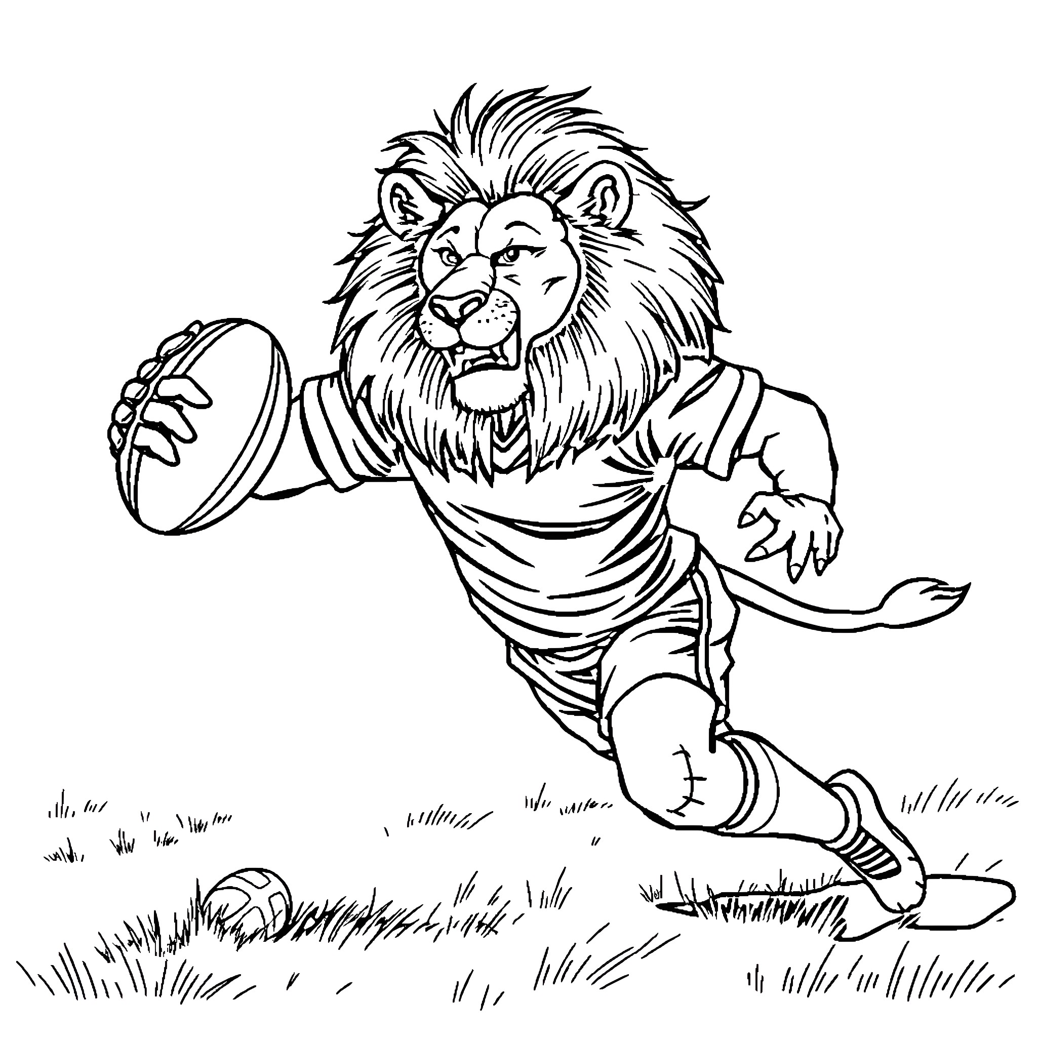 Lion Running with a Ball on a Field Coloring Page (free black-and-white line drawing printable PDF for all, from beginners to advanced learners, including children, teens, adults, and seniors)