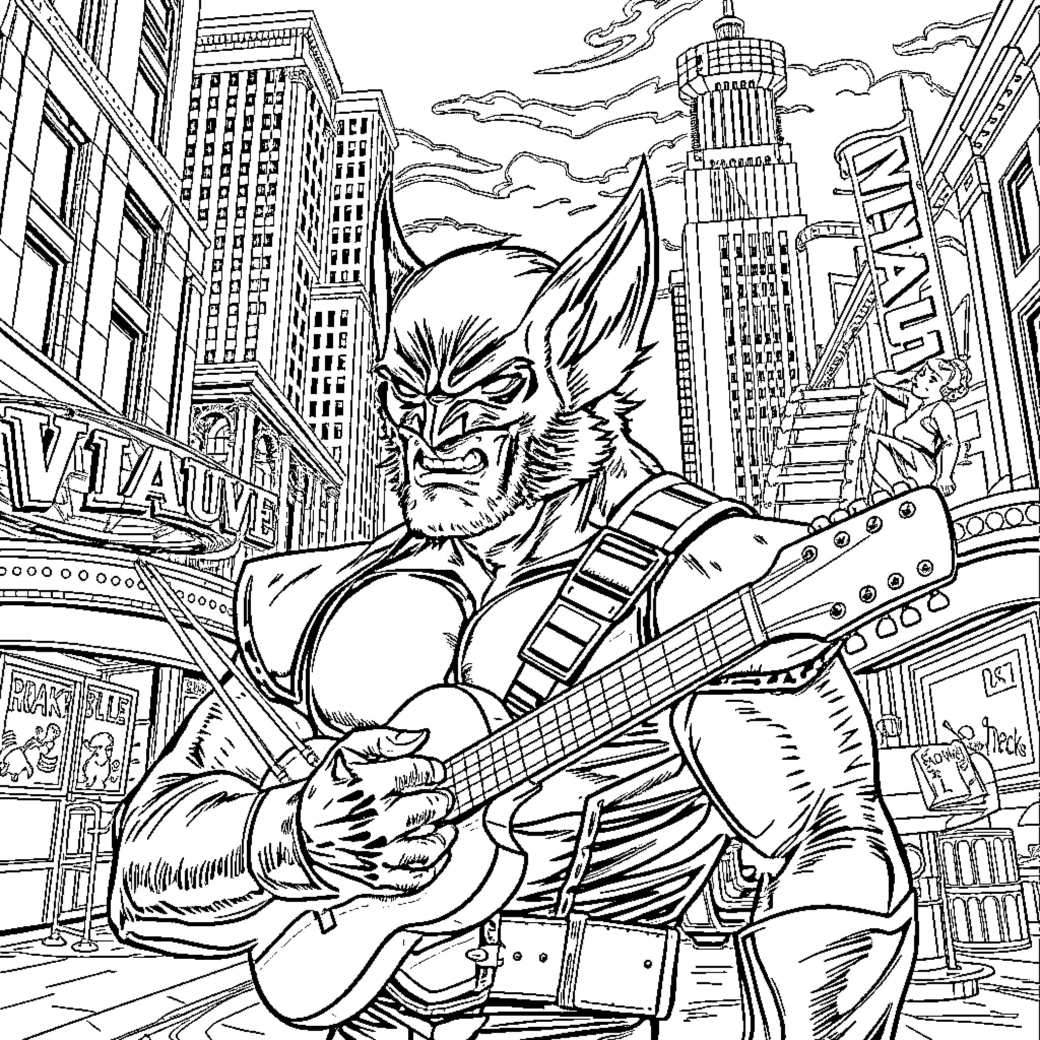 Wolverine rocking out on guitar in the city Coloring Page (free black-and-white line drawing printable PDF for all, from beginners to advanced learners, including children, teens, adults, and seniors)