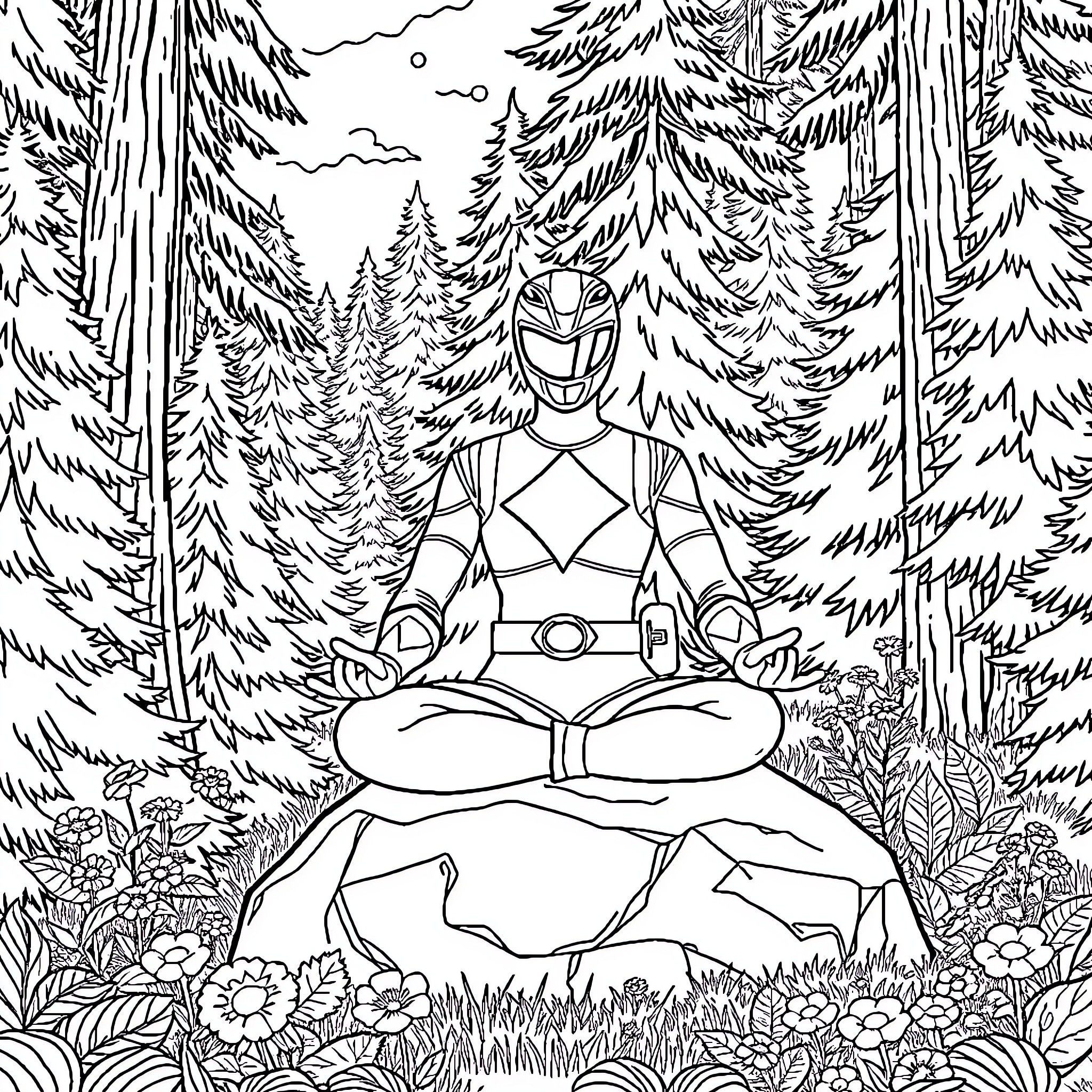 Power Ranger meditating in serene forest landscape Coloring Page (free black-and-white line drawing printable PDF for all, from beginners to advanced learners, including children, teens, adults, and seniors)