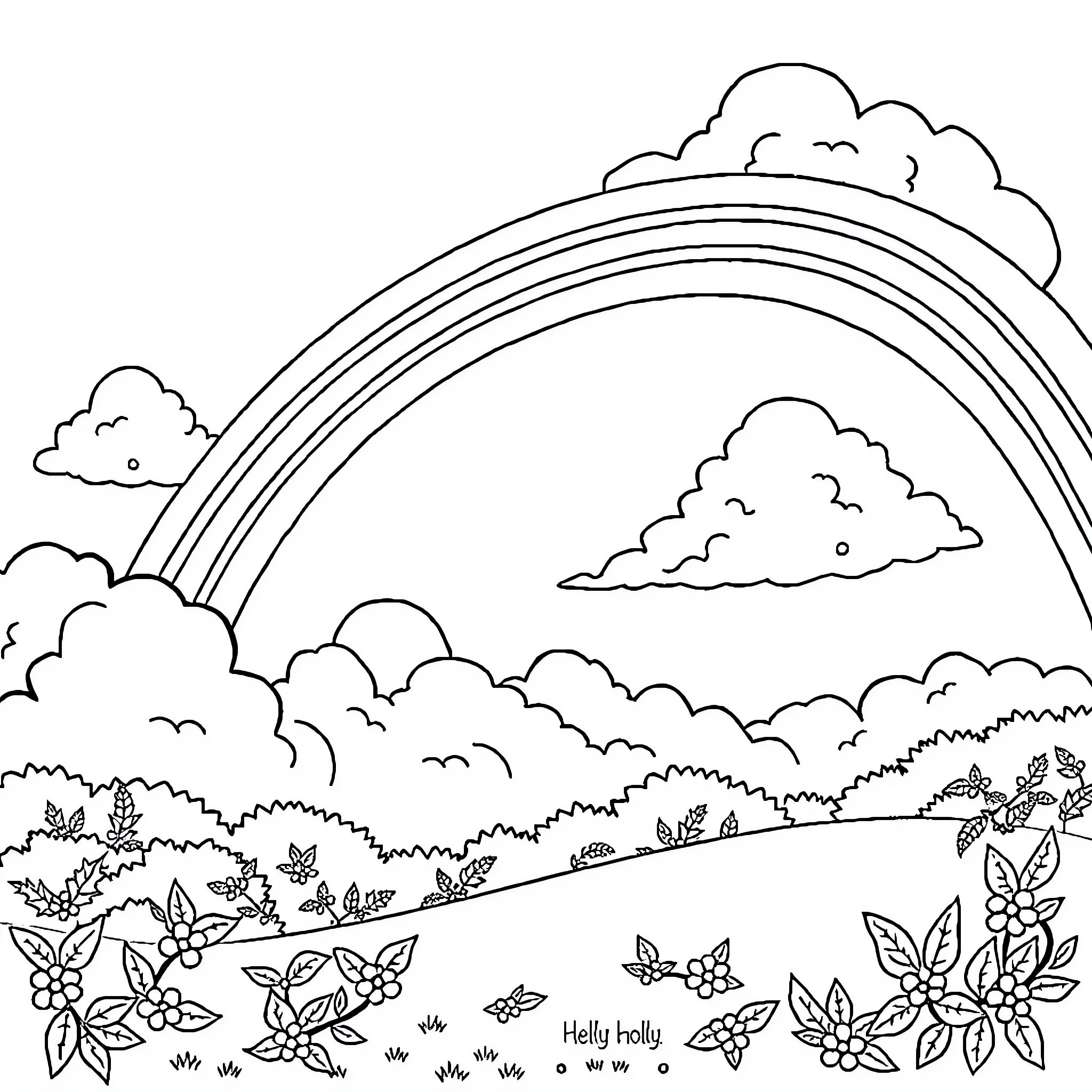 Rainbow in a Whimsical Landscape Coloring Page (free black-and-white line drawing printable PDF for all, from beginners to advanced learners, including children, teens, adults, and seniors)