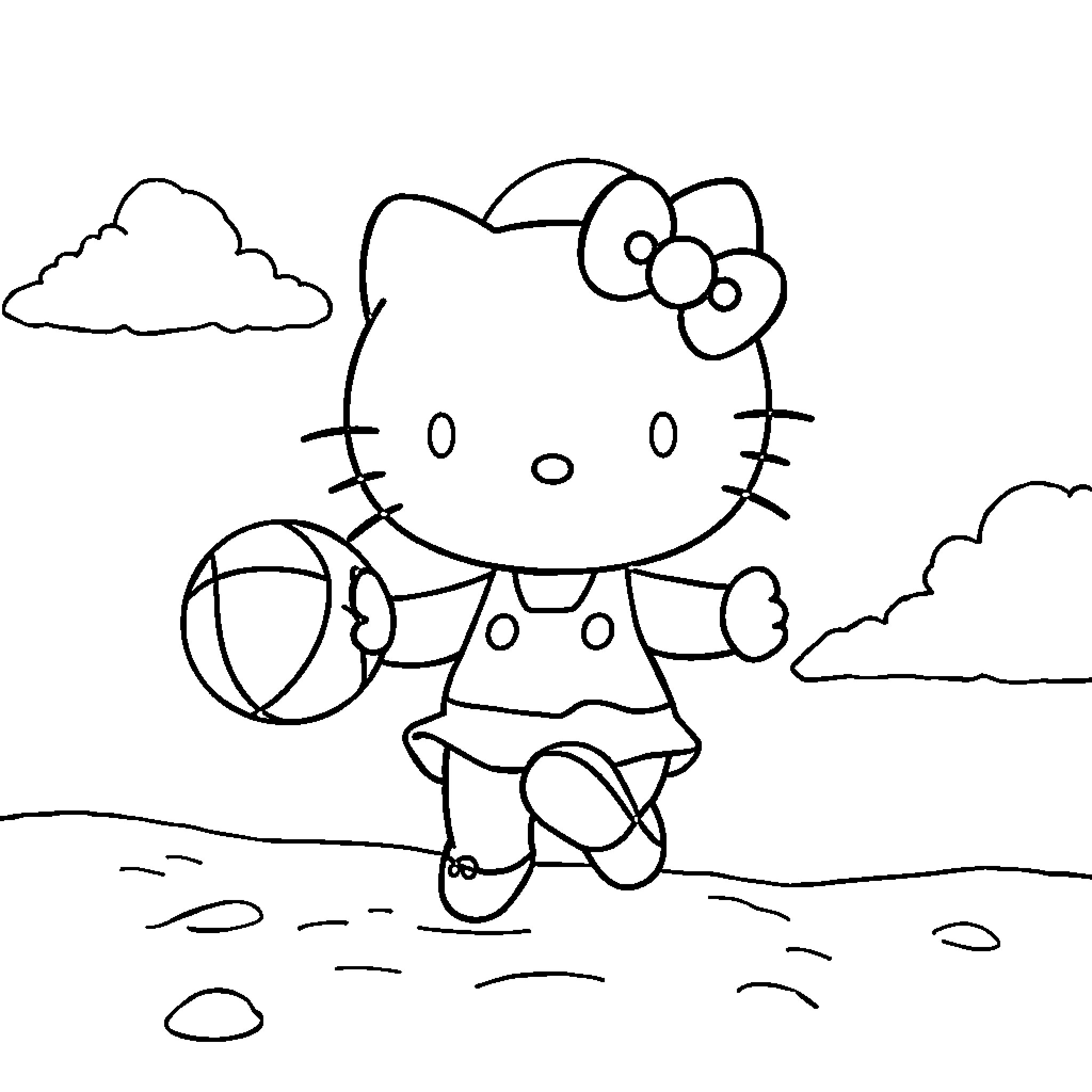 Hello Kitty playing with ball on the beach Coloring Page (free black-and-white line drawing printable PDF for all, from beginners to advanced learners, including children, teens, adults, and seniors)