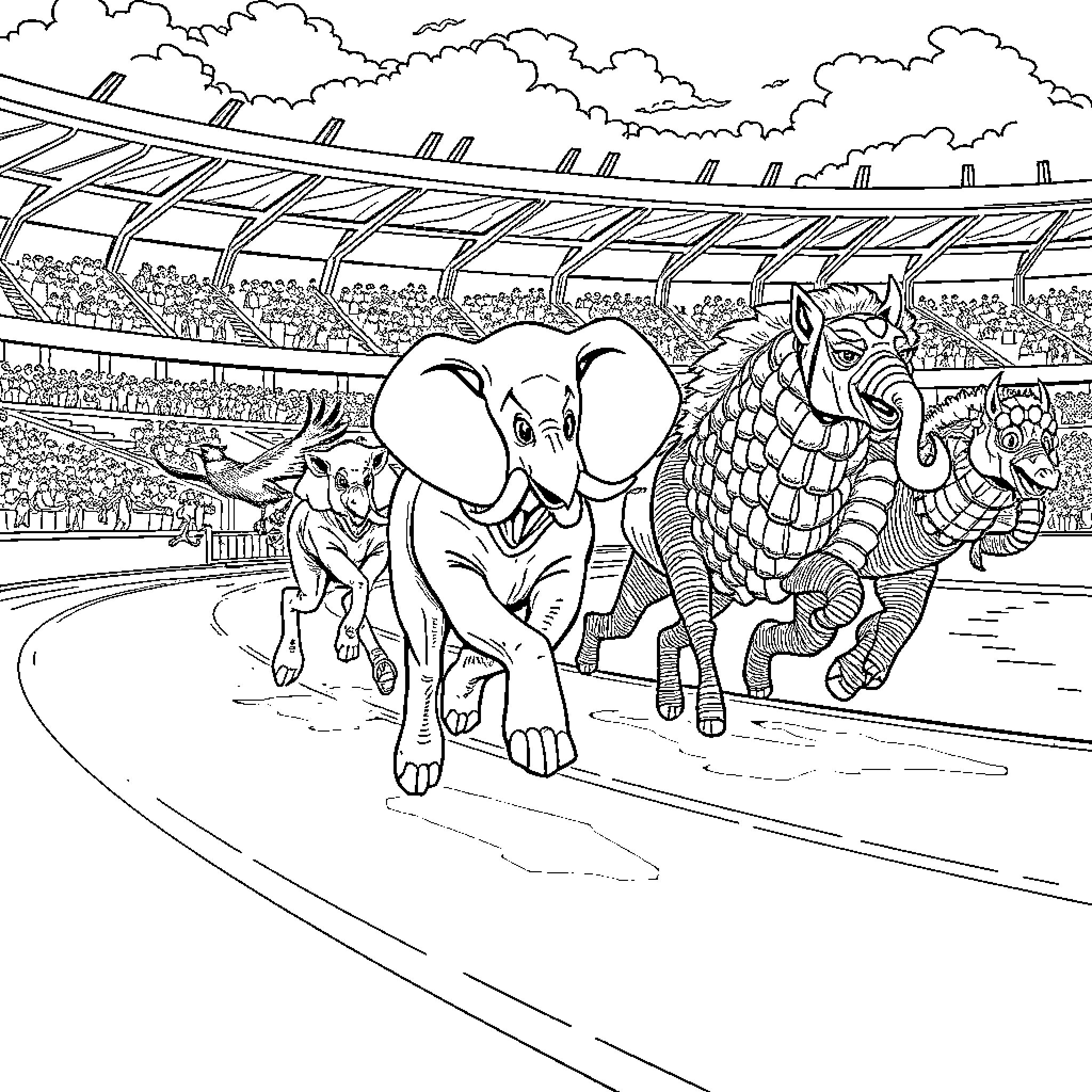 Animal Performers Entertaining Crowd at Stadium Coloring Page (free black-and-white line drawing printable PDF for all, from beginners to advanced learners, including children, teens, adults, and seniors)
