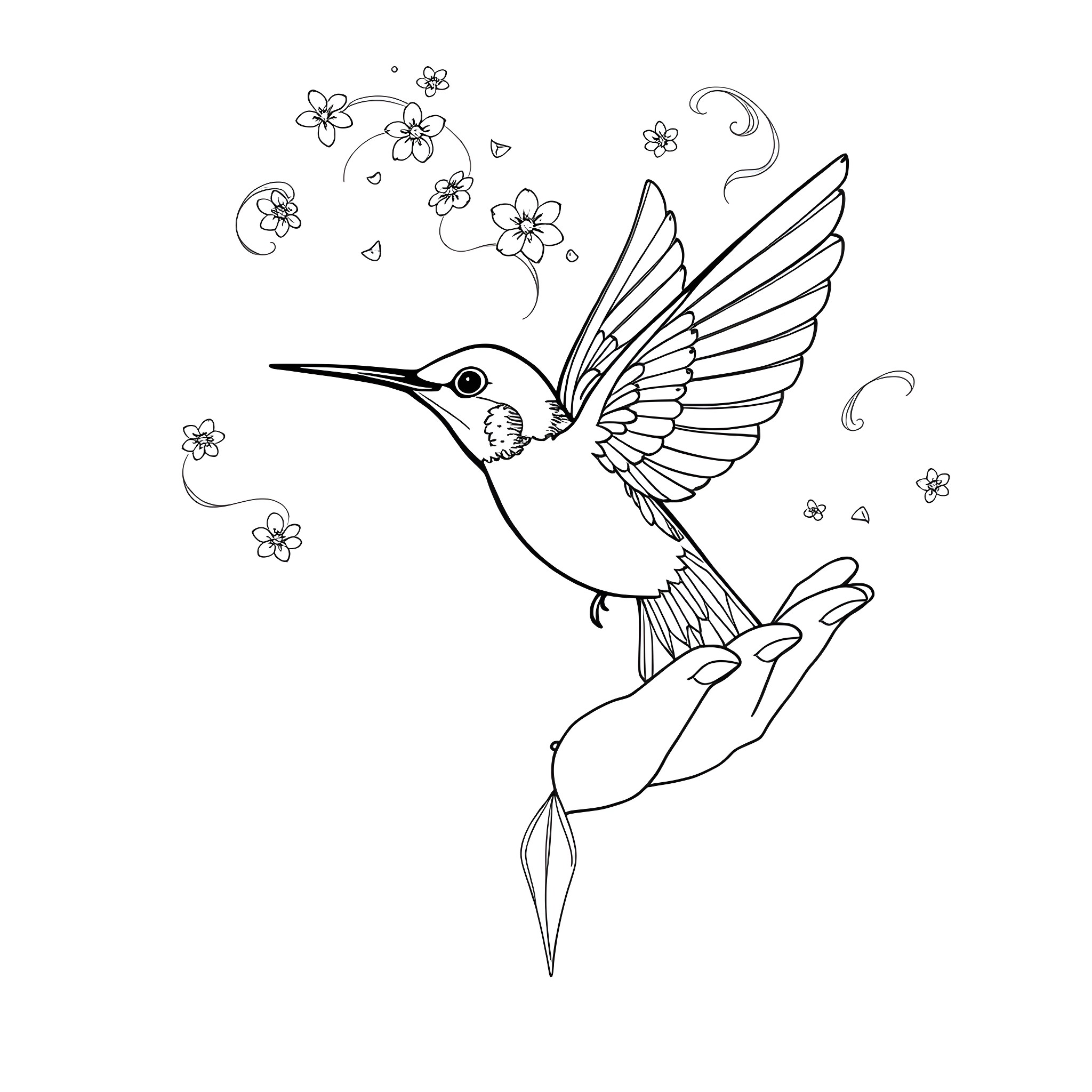 Great Spirit Hummingbird Dancing Amid Flowers Coloring Page (free black-and-white line drawing printable PDF for all, from beginners to advanced learners, including children, teens, adults, and seniors)