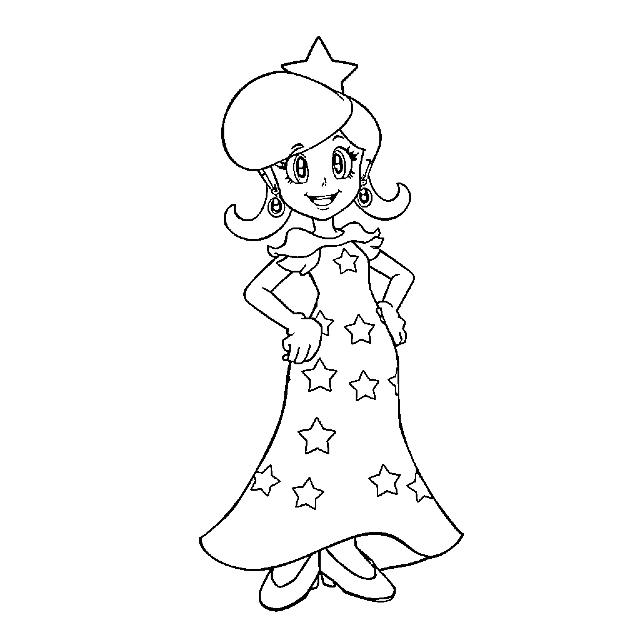 Rosalina in a star-patterned dress Coloring Page (free black-and-white line drawing printable PDF for all, from beginners to advanced learners, including children, teens, adults, and seniors)