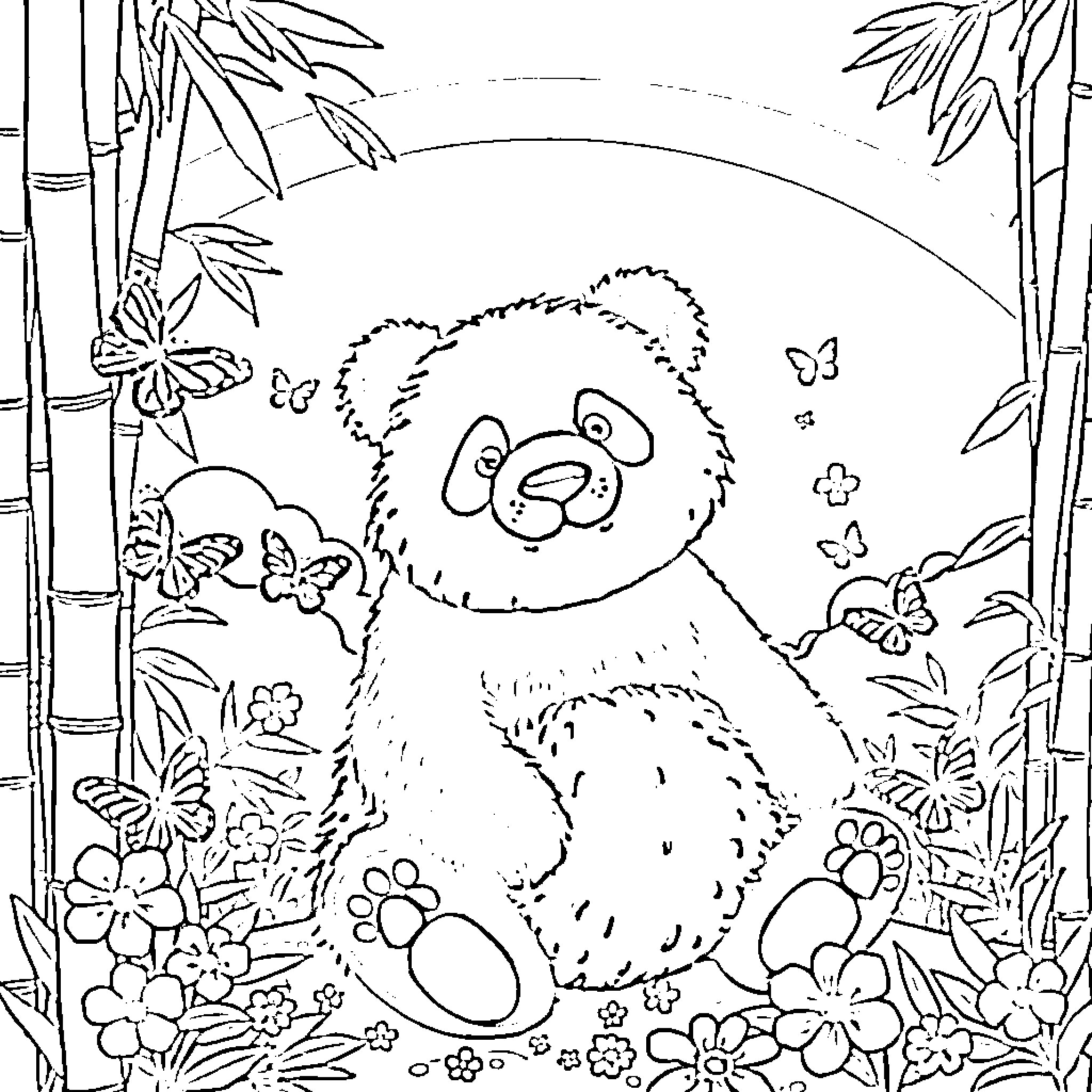 Panda enjoying a floral garden Coloring Page (free black-and-white line drawing printable PDF for all, from beginners to advanced learners, including children, teens, adults, and seniors)
