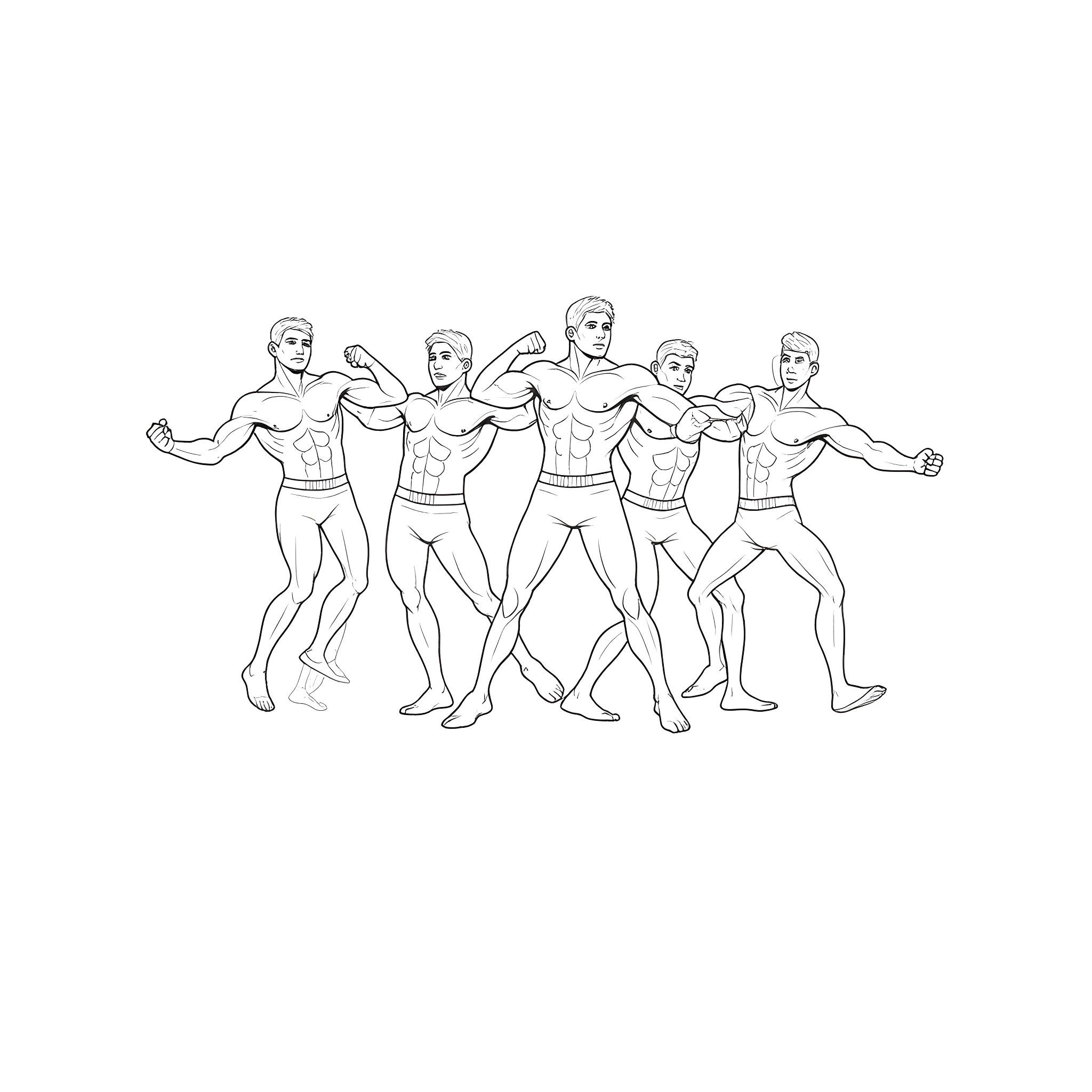 Men posing in heroic athletic poses Coloring Page (free black-and-white line drawing printable PDF for all, from beginners to advanced learners, including children, teens, adults, and seniors)