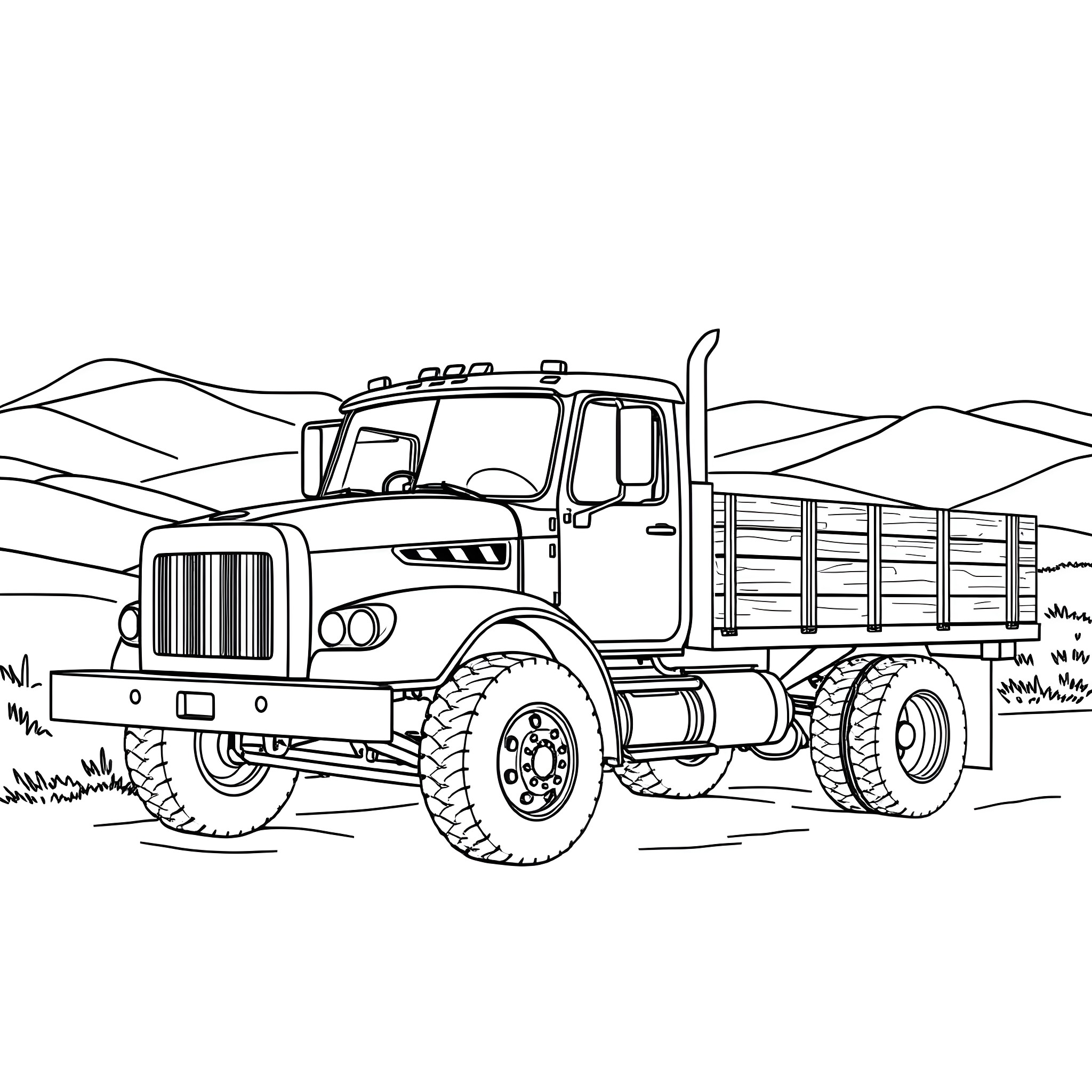 Flatbed truck transporting goods through rural landscape Coloring Page (free black-and-white line drawing printable PDF for all, from beginners to advanced learners, including children, teens, adults, and seniors)