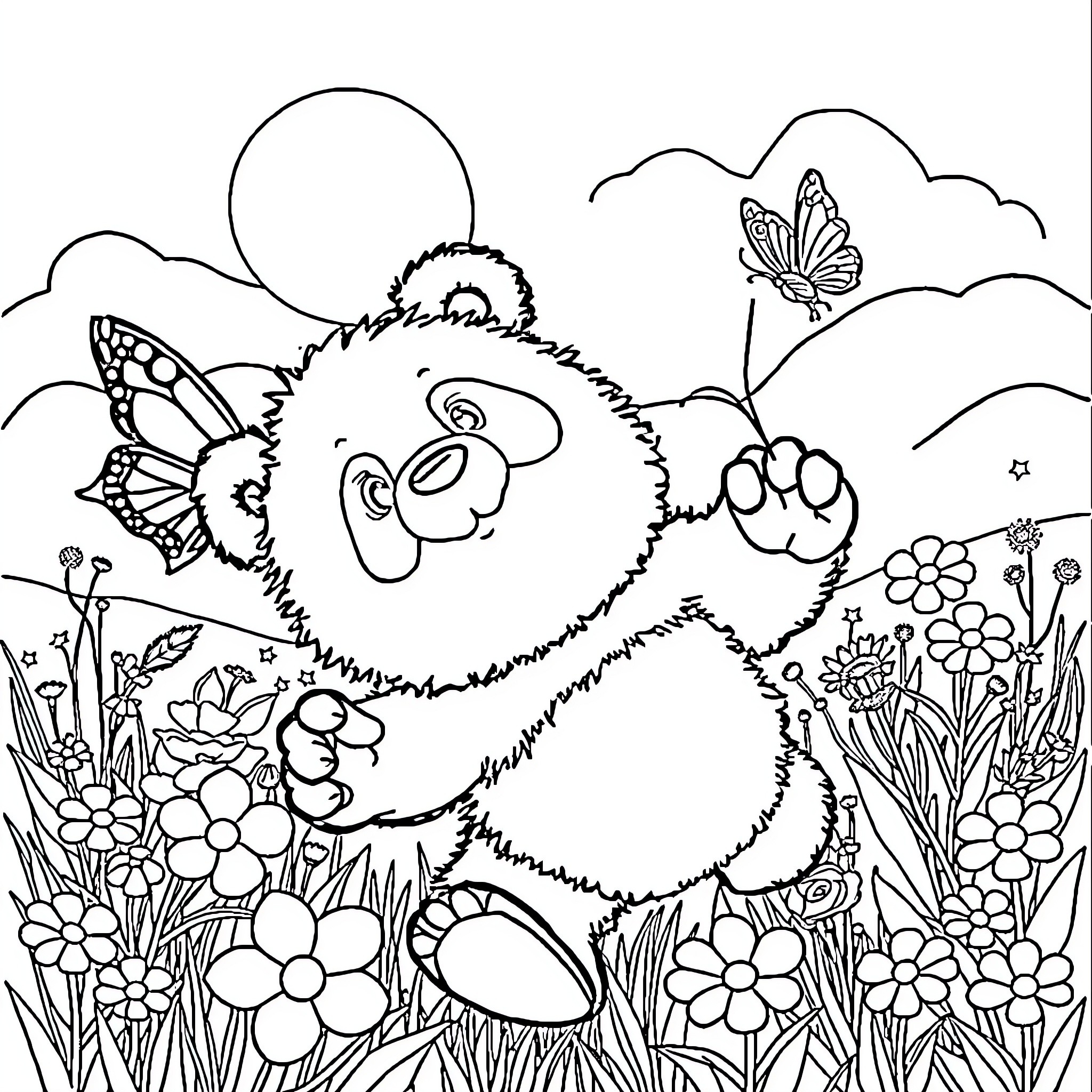 Panda cub playing with butterflies in nature Coloring Page (free black-and-white line drawing printable PDF for all, from beginners to advanced learners, including children, teens, adults, and seniors)