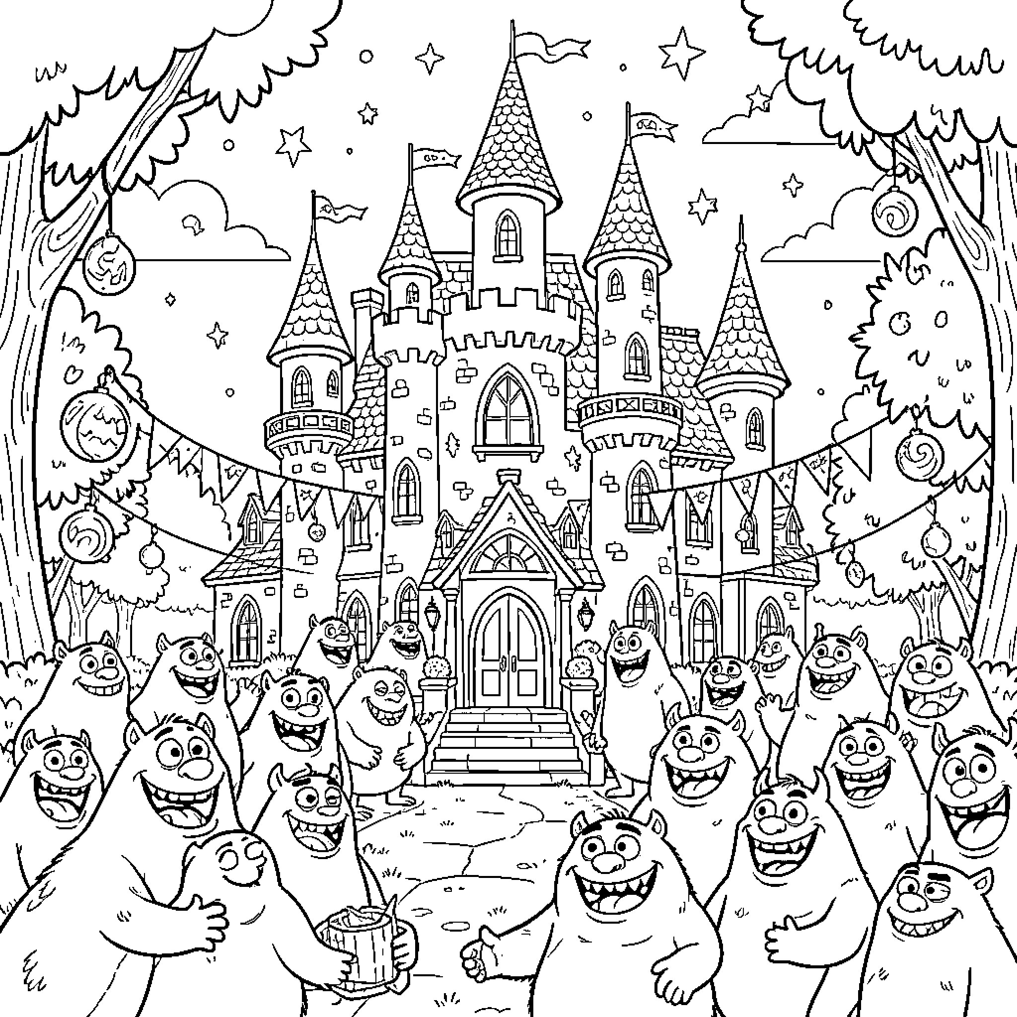 Hotel with Whimsical Monsters and Enchanted Castle Coloring Page (free black-and-white line drawing printable PDF for all, from beginners to advanced learners, including children, teens, adults, and seniors)
