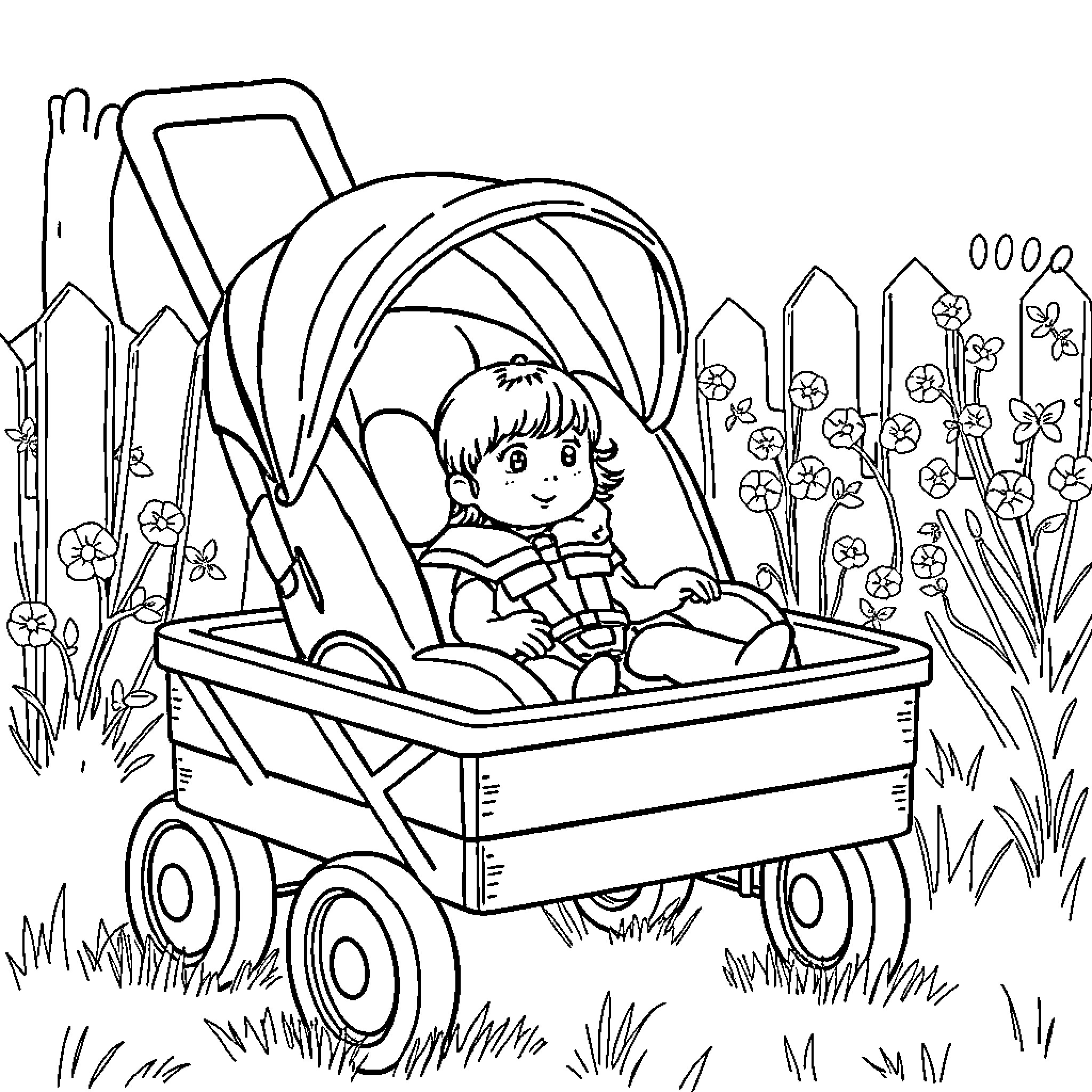 Babygirl playing happily in a stroller outdoors Coloring Page (free black-and-white line drawing printable PDF for all, from beginners to advanced learners, including children, teens, adults, and seniors)