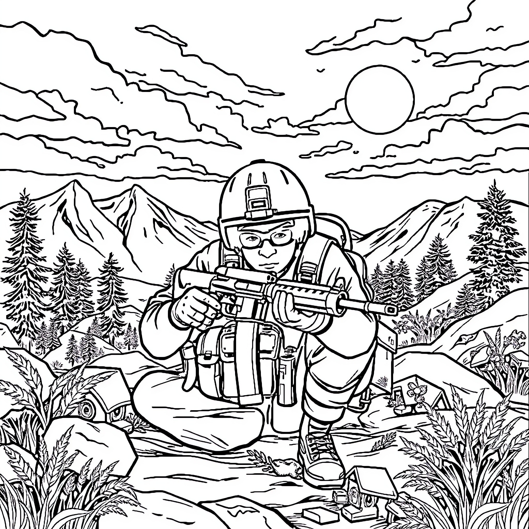 Person equipped for outdoor adventure in scenic landscape Coloring Page (free black-and-white line drawing printable PDF for all, from beginners to advanced learners, including children, teens, adults, and seniors)