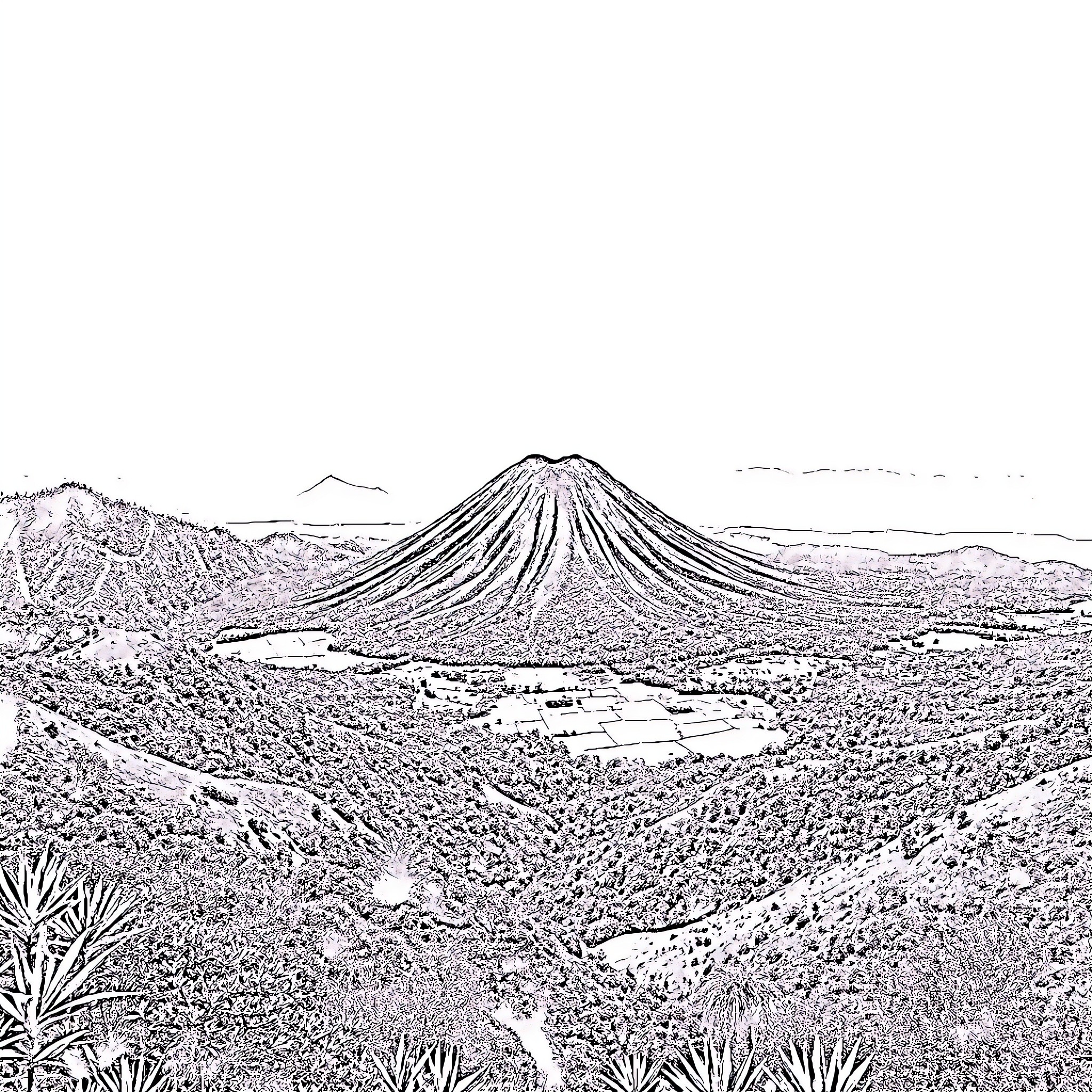 Volcano erupting over a rugged landscape Coloring Page (free black-and-white line drawing printable PDF for all, from beginners to advanced learners, including children, teens, adults, and seniors)