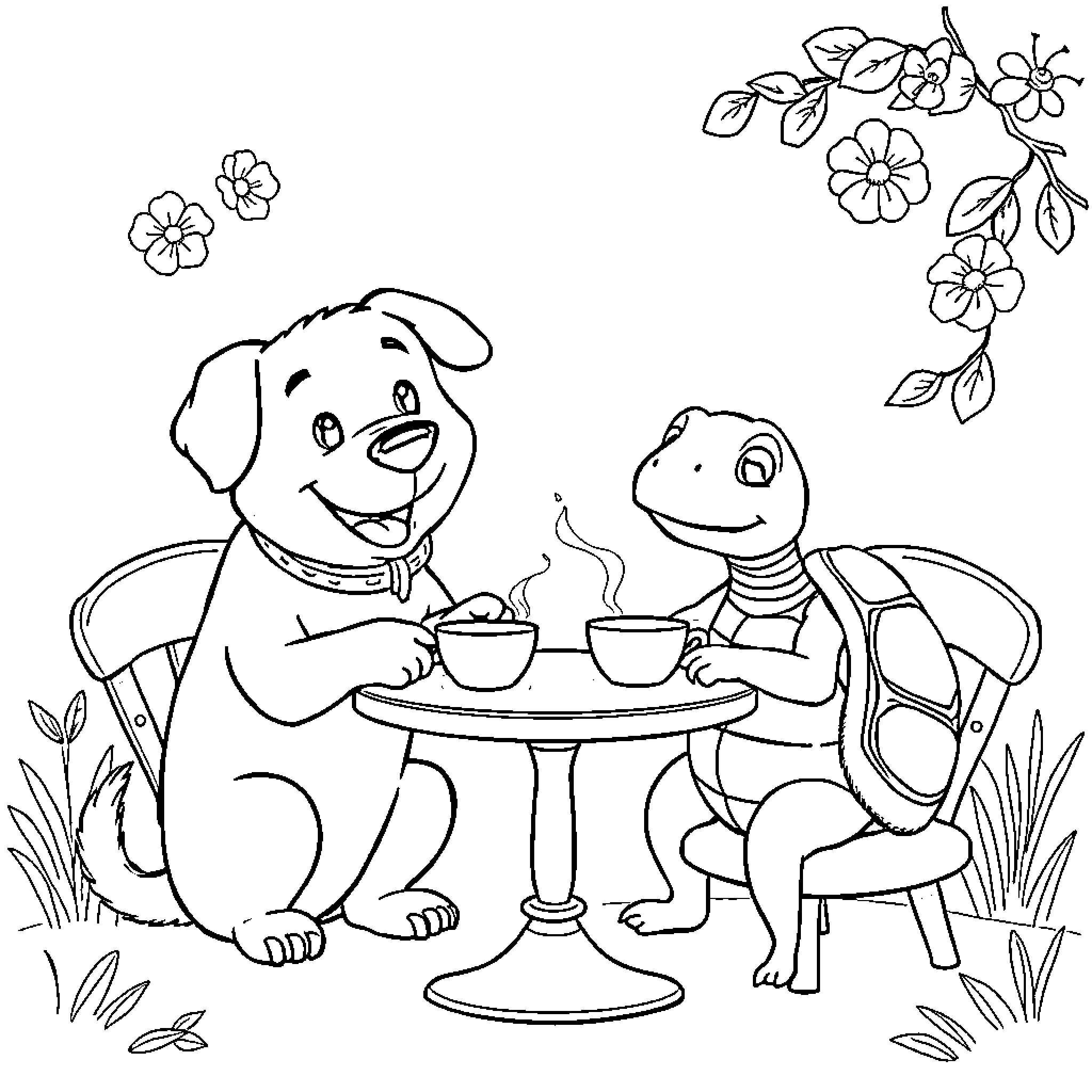 Dog and Frog Enjoying Tea in the Garden Coloring Page (free black-and-white line drawing printable PDF for all, from beginners to advanced learners, including children, teens, adults, and seniors)