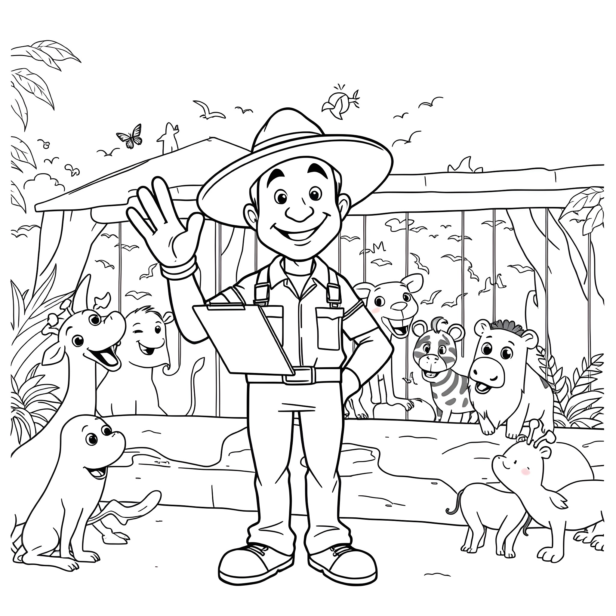 Zookeeper posing happily with animals in the zoo Coloring Page (free black-and-white line drawing printable PDF for all, from beginners to advanced learners, including children, teens, adults, and seniors)