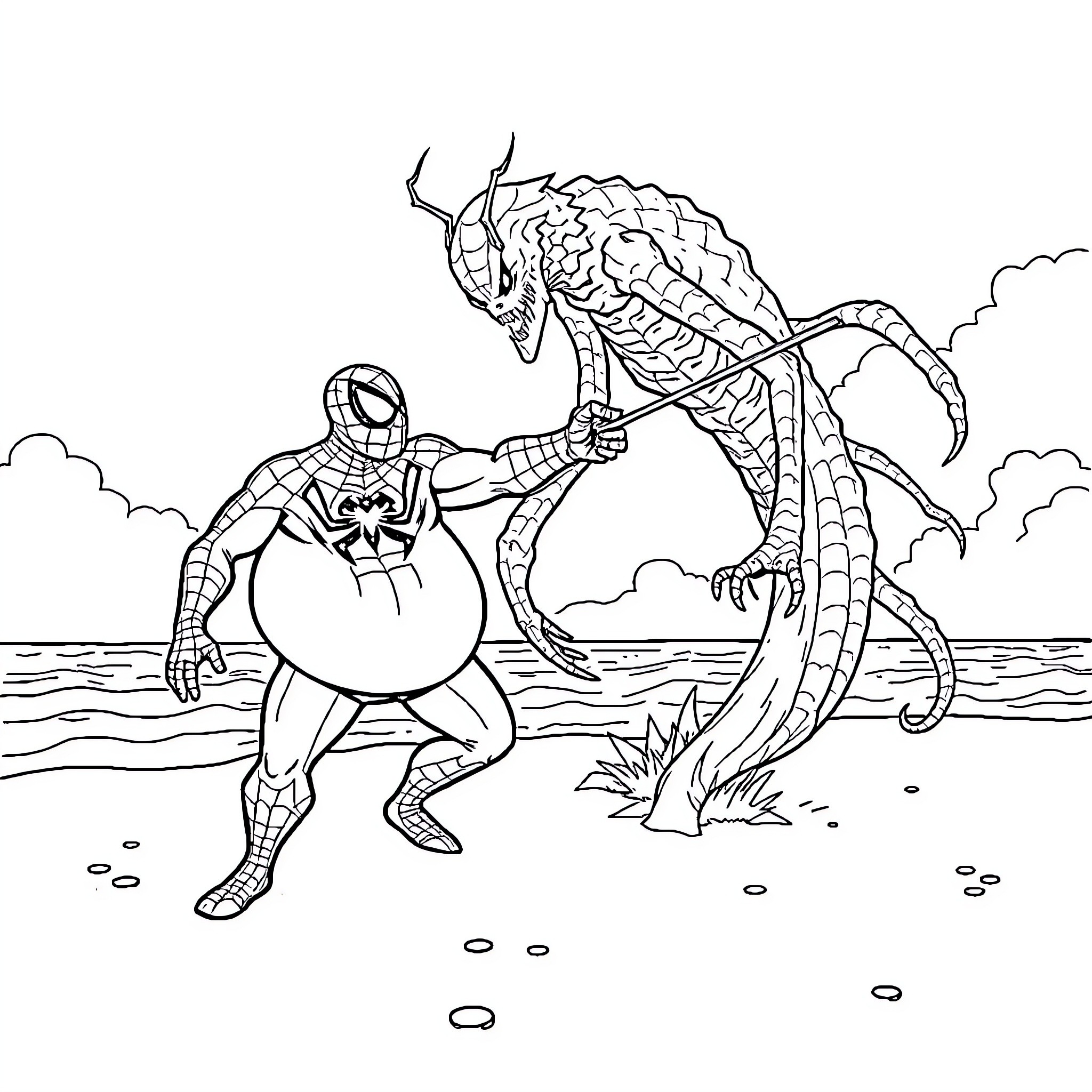 Spider-Man battling a giant mutant creature Coloring Page (free black-and-white line drawing printable PDF for all, from beginners to advanced learners, including children, teens, adults, and seniors)