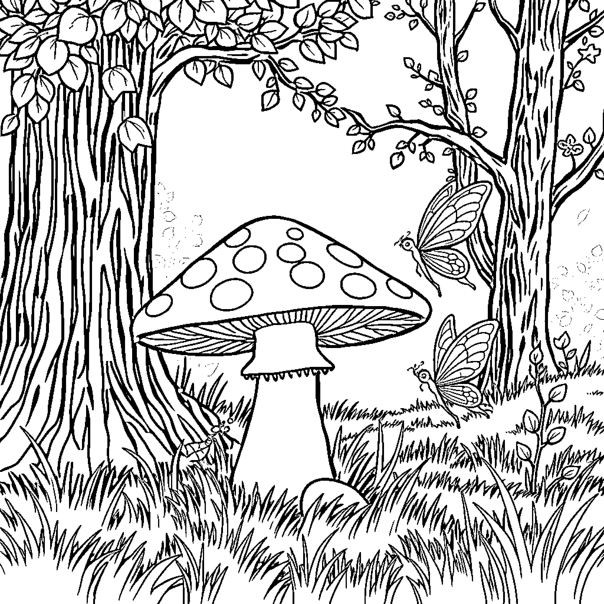 Fairy Forest with Mushrooms and Butterflies Coloring Page (free black-and-white line drawing printable PDF for all, from beginners to advanced learners, including children, teens, adults, and seniors)