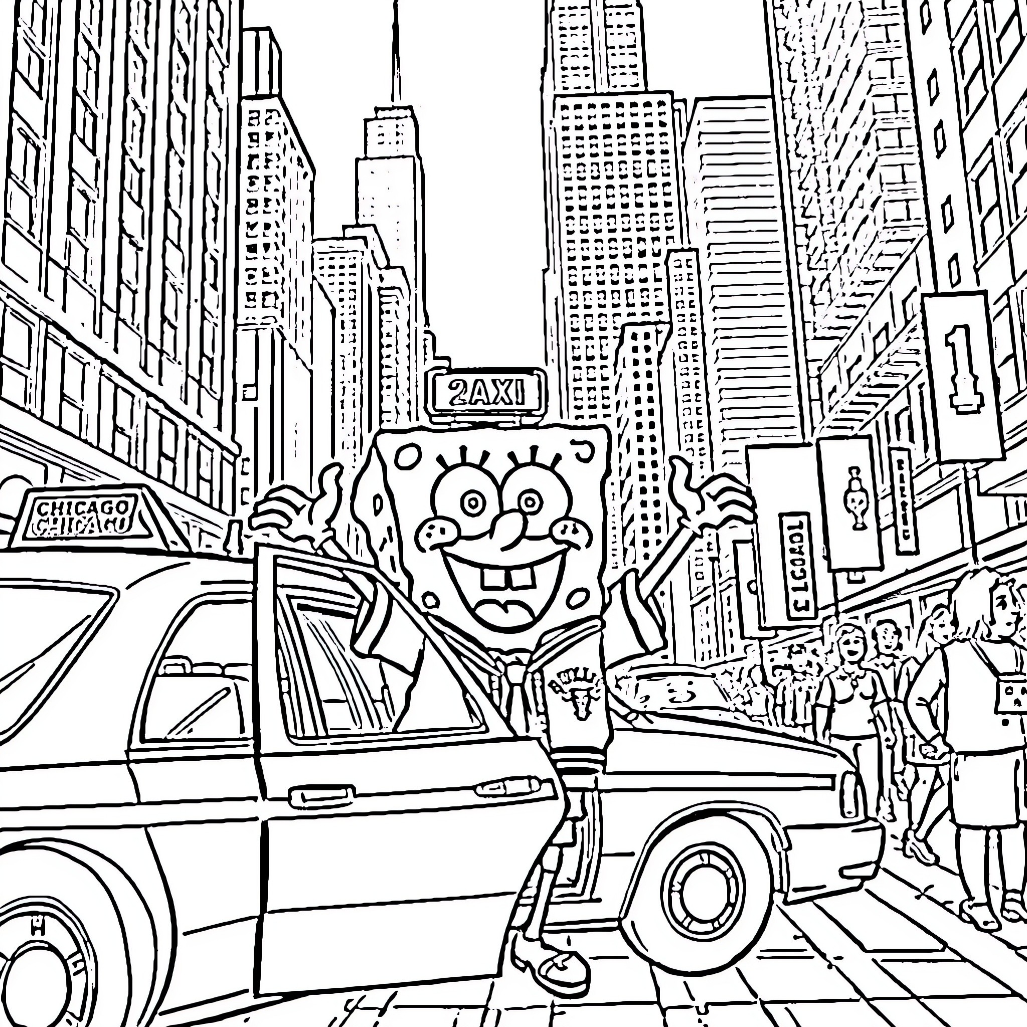 Spongebob's Crazy Adventure in the Big City Coloring Page (free black-and-white line drawing printable PDF for all, from beginners to advanced learners, including children, teens, adults, and seniors)