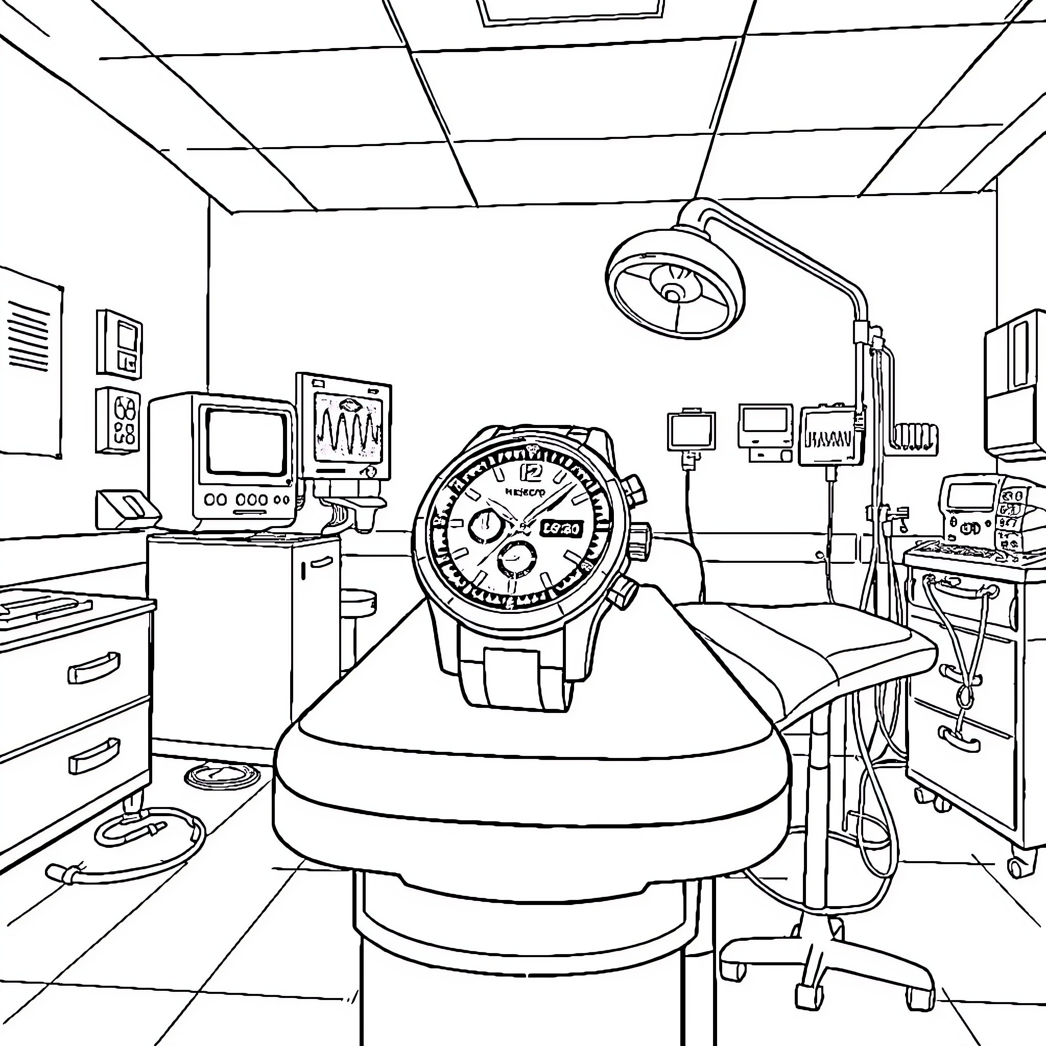 Watch a Dentist's Office with Medical Equipment Coloring Page (free black-and-white line drawing printable PDF for all, from beginners to advanced learners, including children, teens, adults, and seniors)