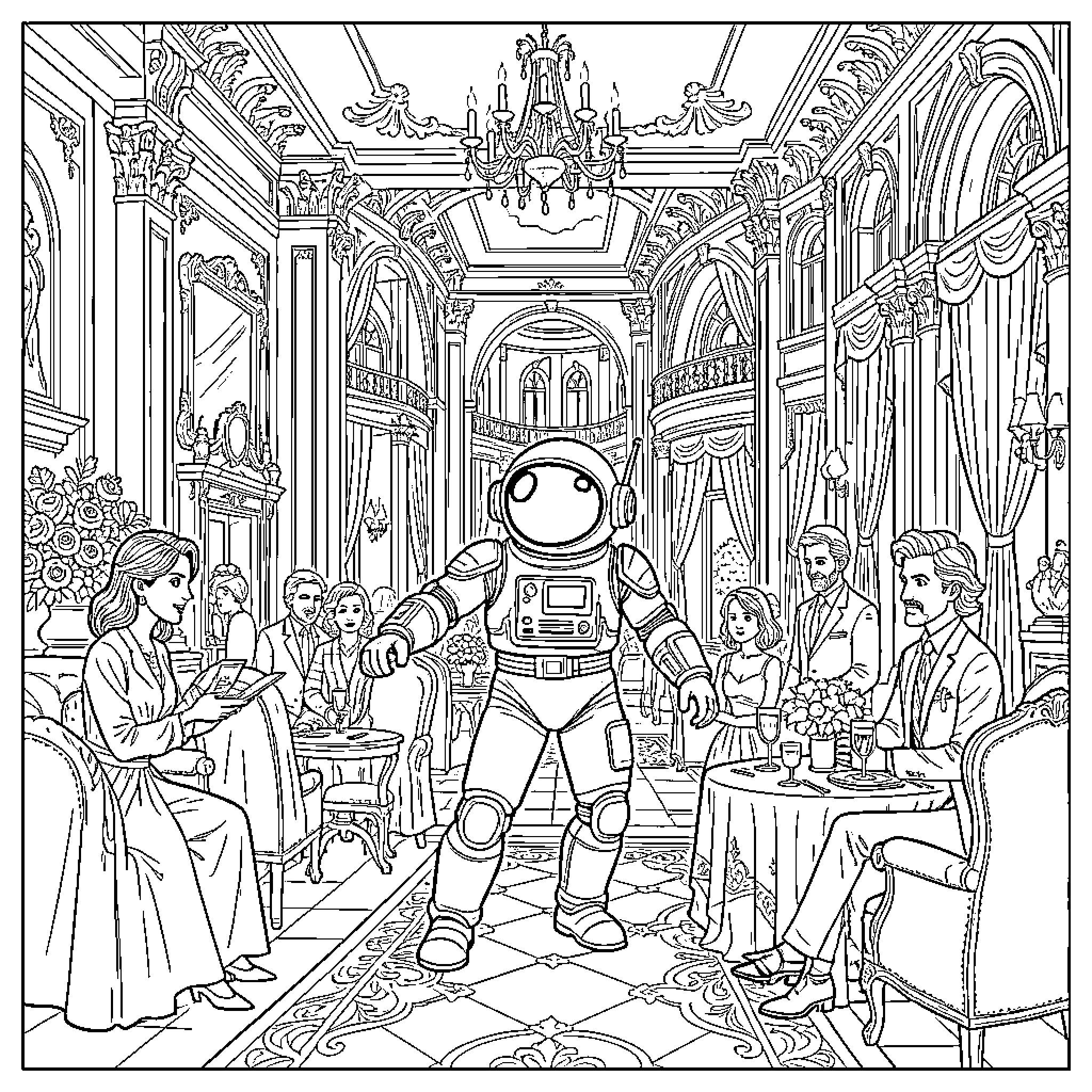 Astro astronaut walking through an elegant banquet hall Coloring Page (free black-and-white line drawing printable PDF for all, from beginners to advanced learners, including children, teens, adults, and seniors)